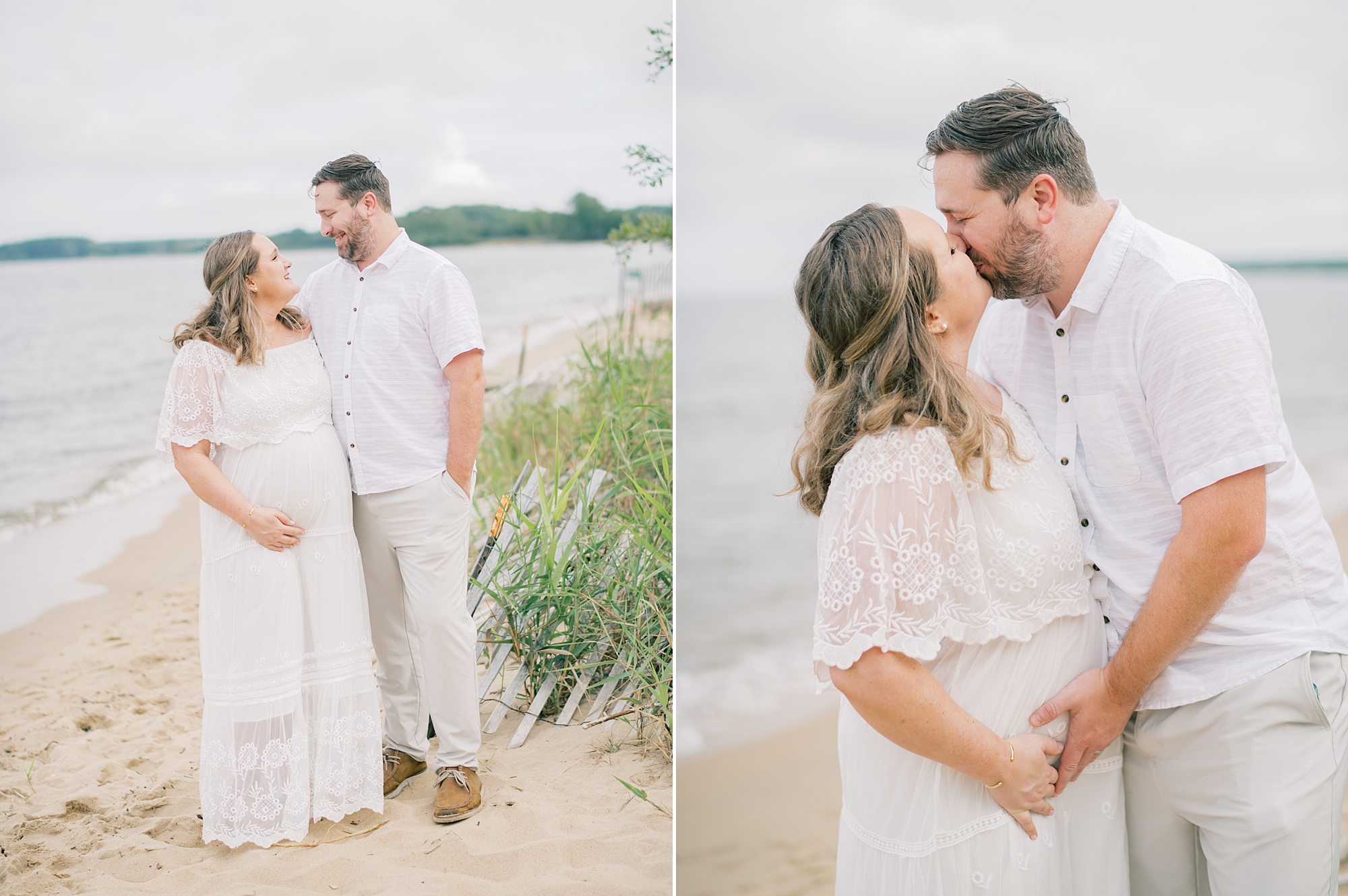 expecting parents smile together on beach during maternity session in Annapolis Maryland