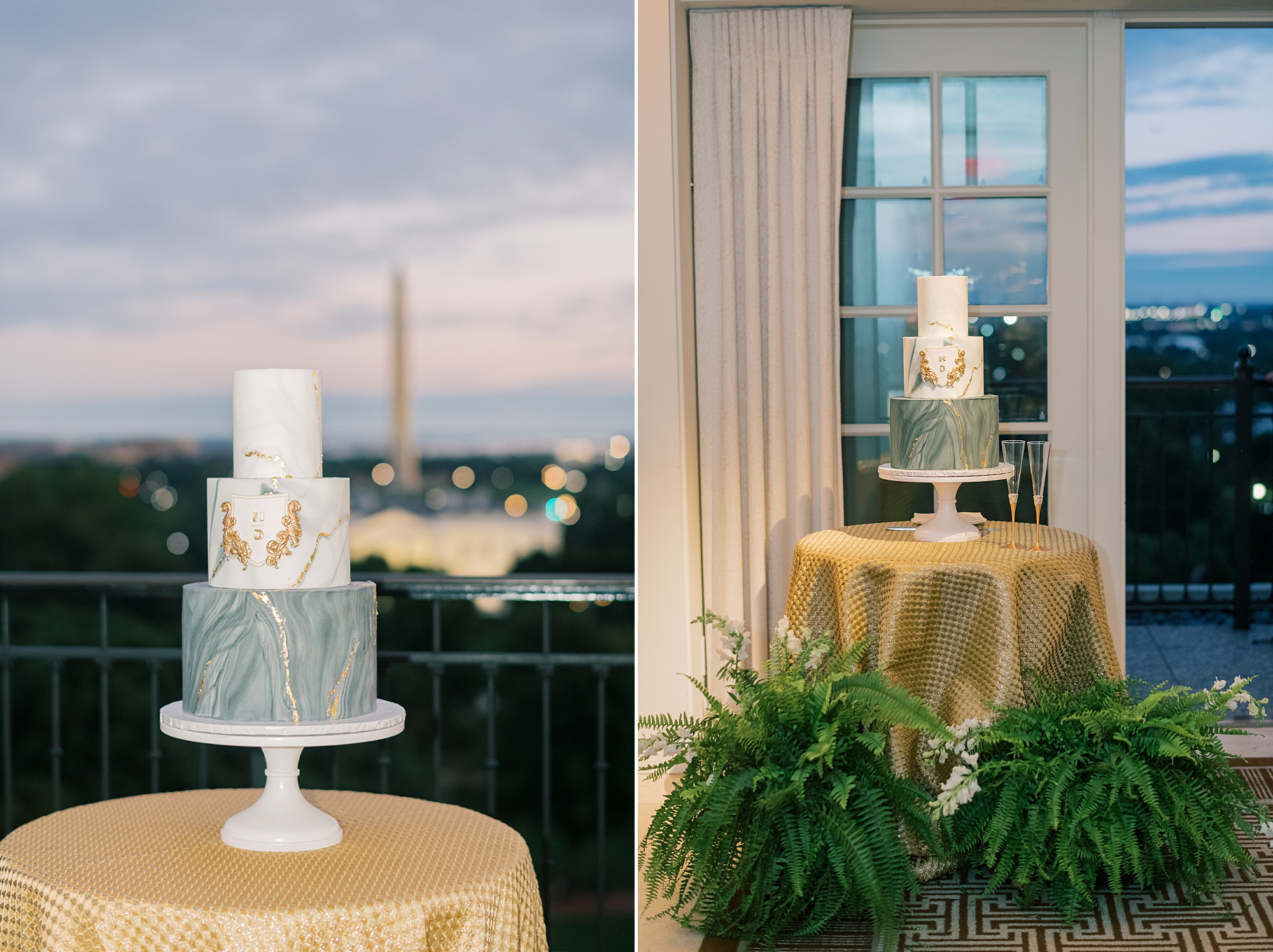 wedding cake sits on balcony with Washington DC behind it