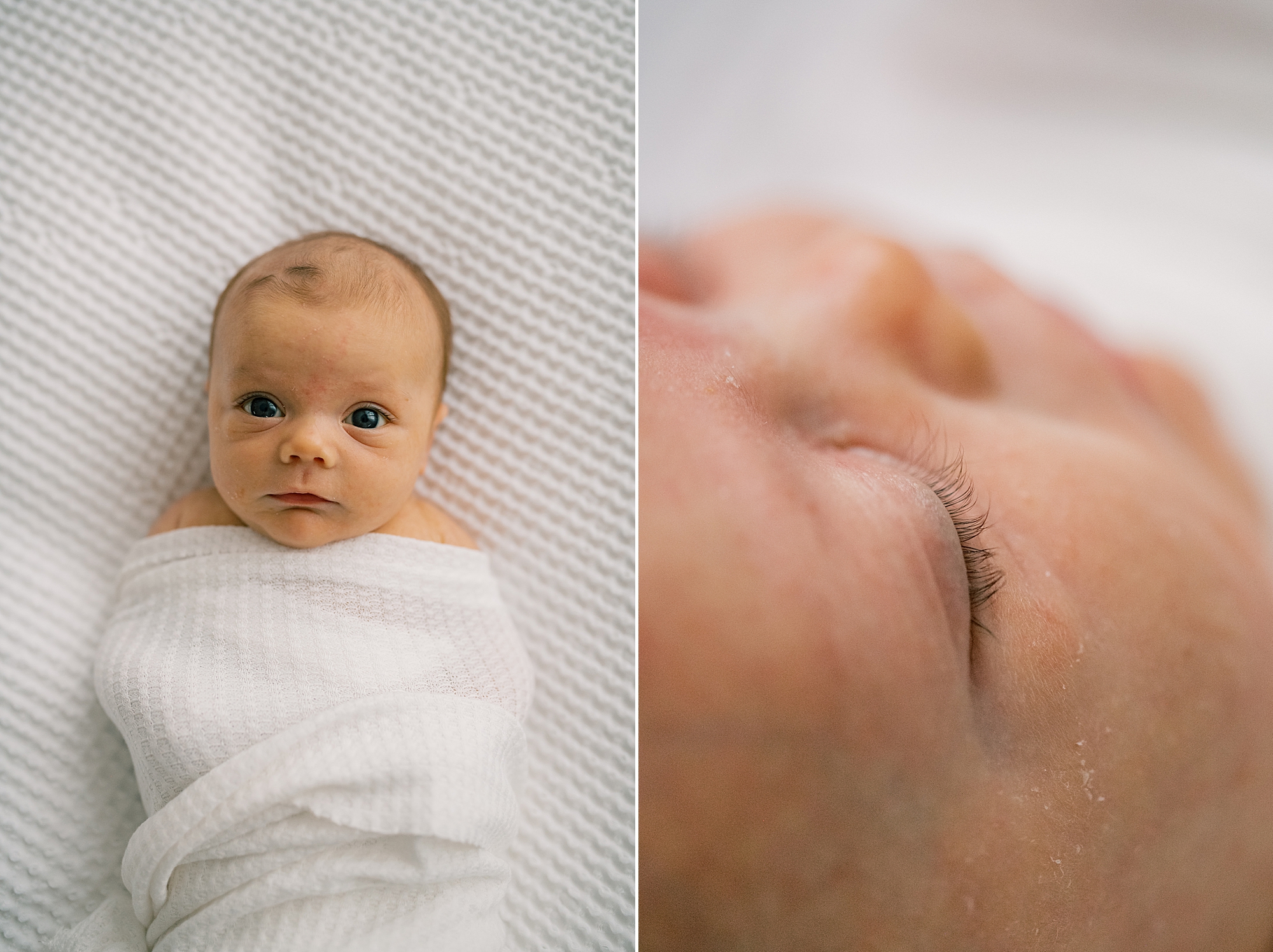 baby girl lays in white wrap during studio newborn session in Solomons Maryland