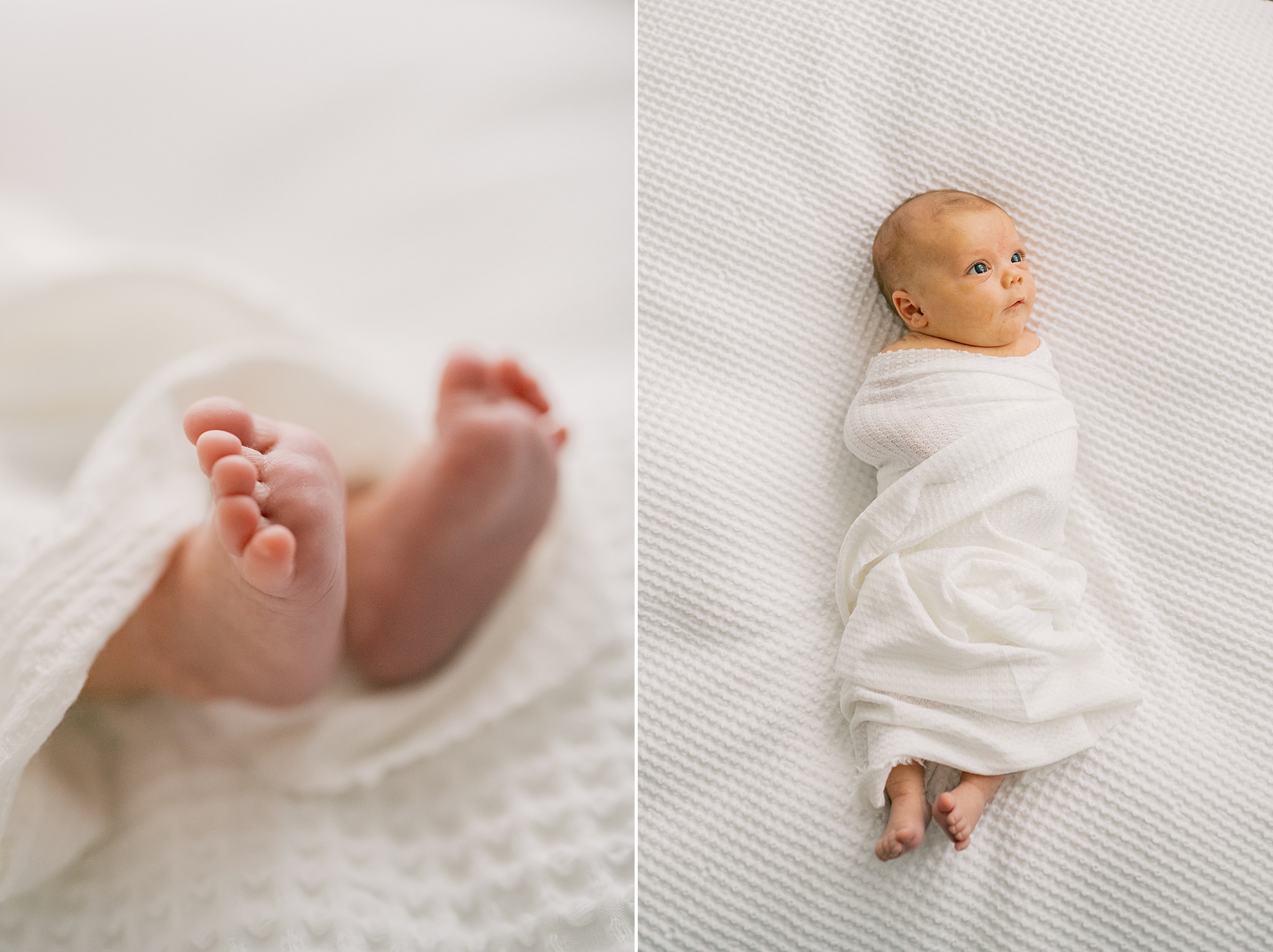 baby girl lays in white wrap on blankets in Maryland studio 