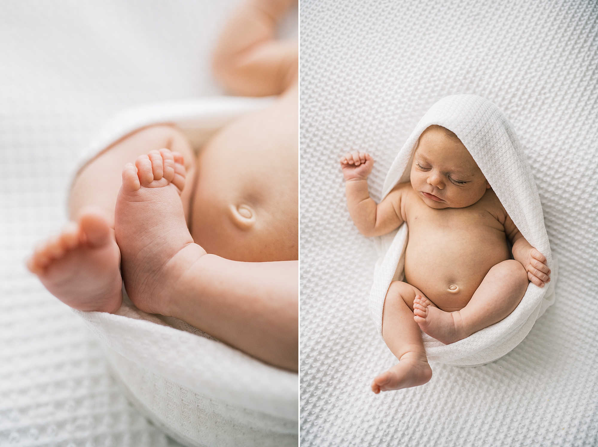 baby girl sleeps in white wrap with feet crossed