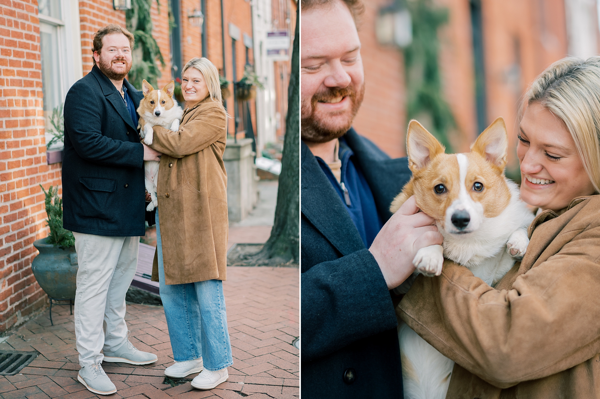 couple hugs corgi dog in front of brick buildings in Baltimore MD