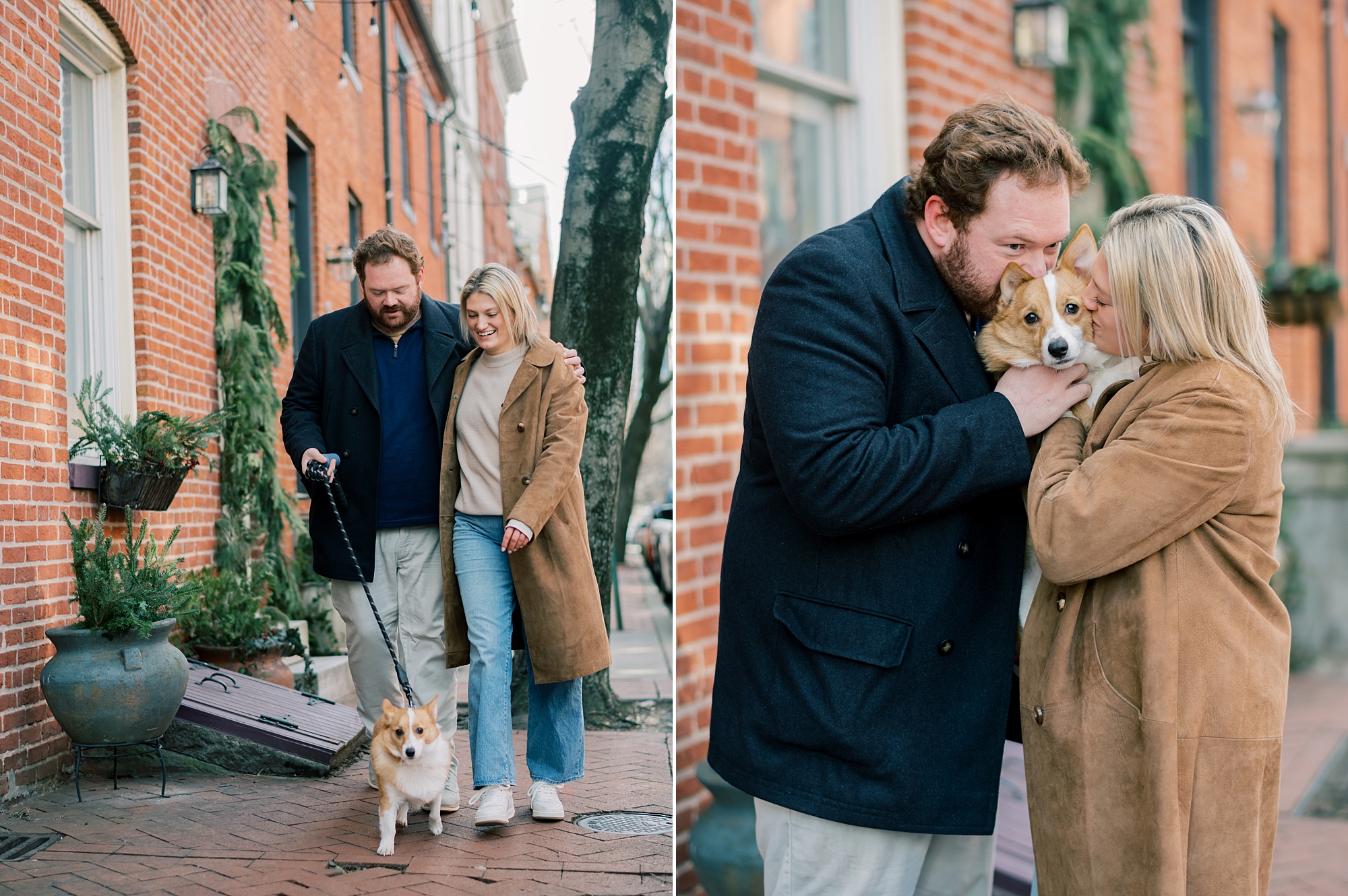 man and woman walk dog through Baltimore neighborhood 