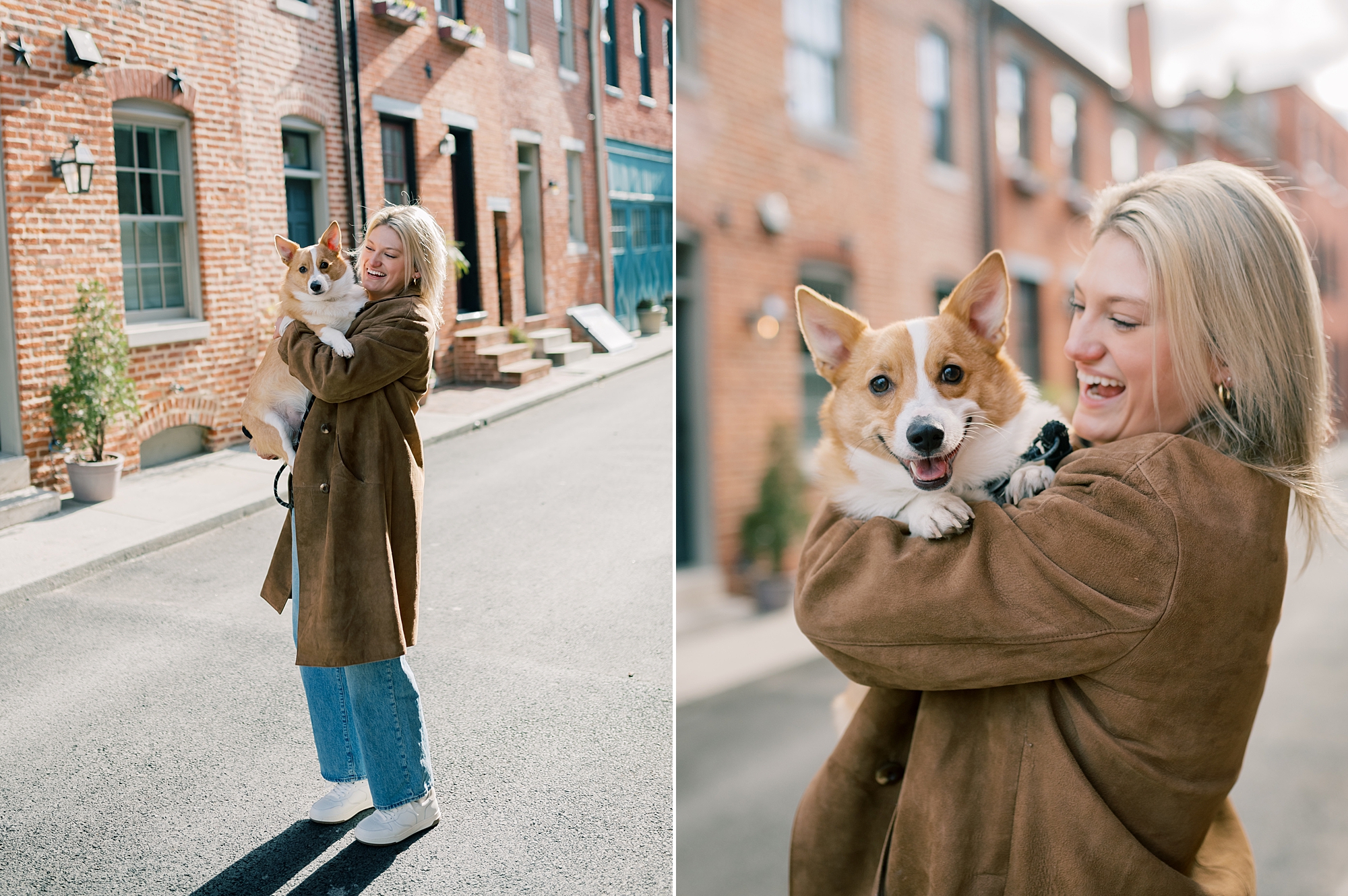 woman in tan jacket hold corgi in Baltimore neighborhood 