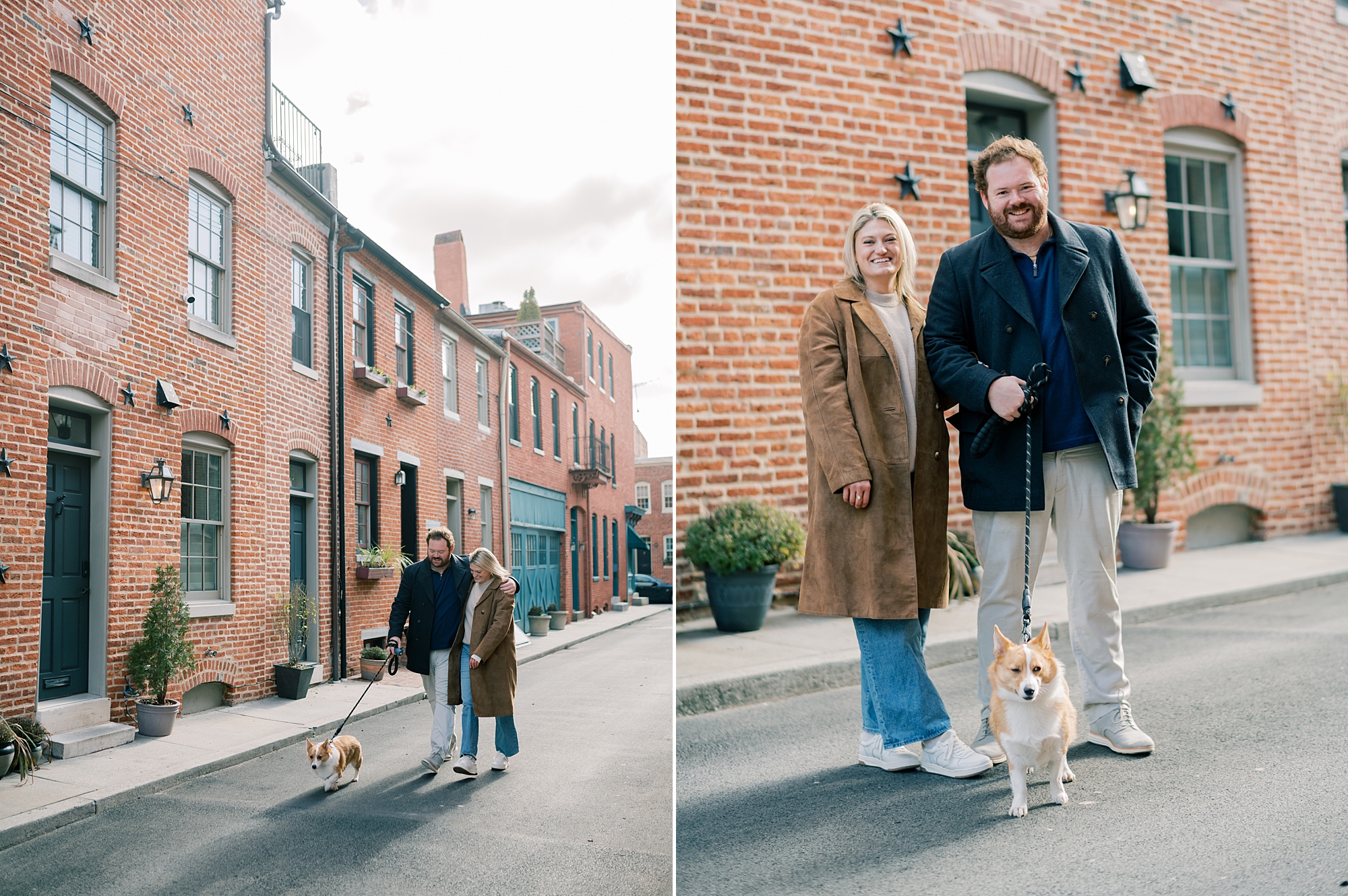 engaged couple walks with dog during Baltimore engagement session