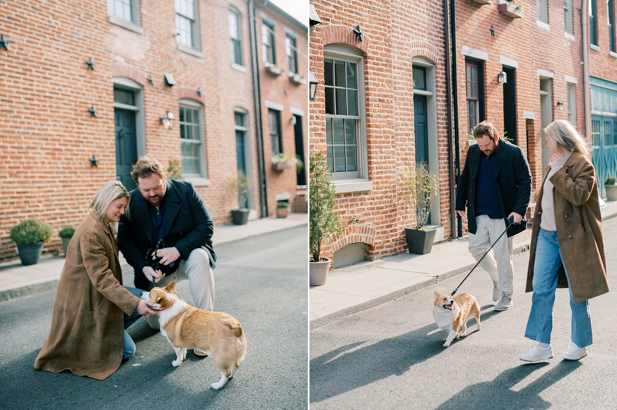 couple plays with dog during Baltimore engagement session