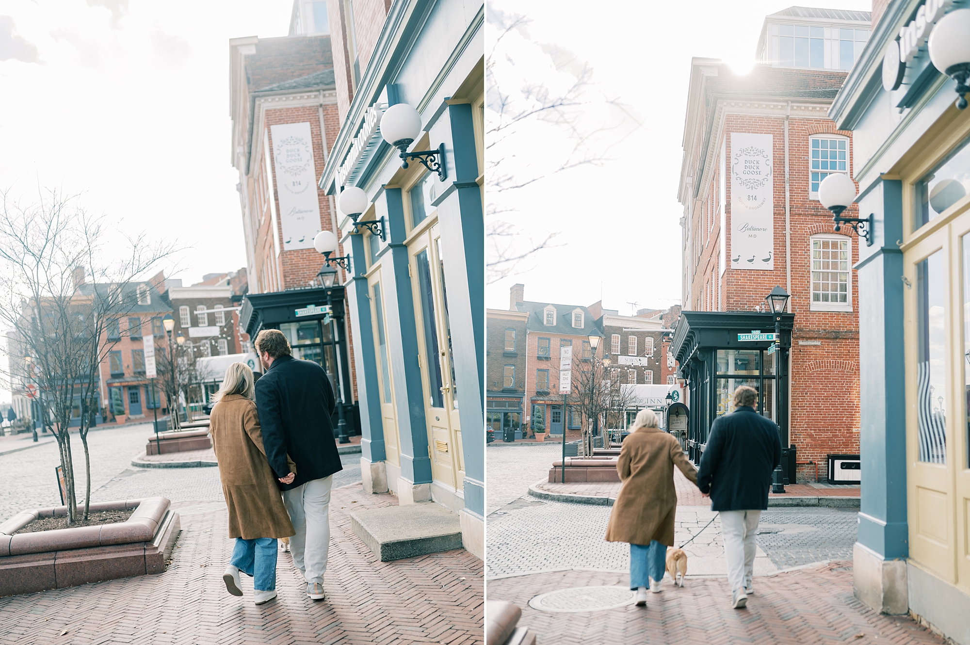 engaged couple walks through Fells Point MD neighborhood