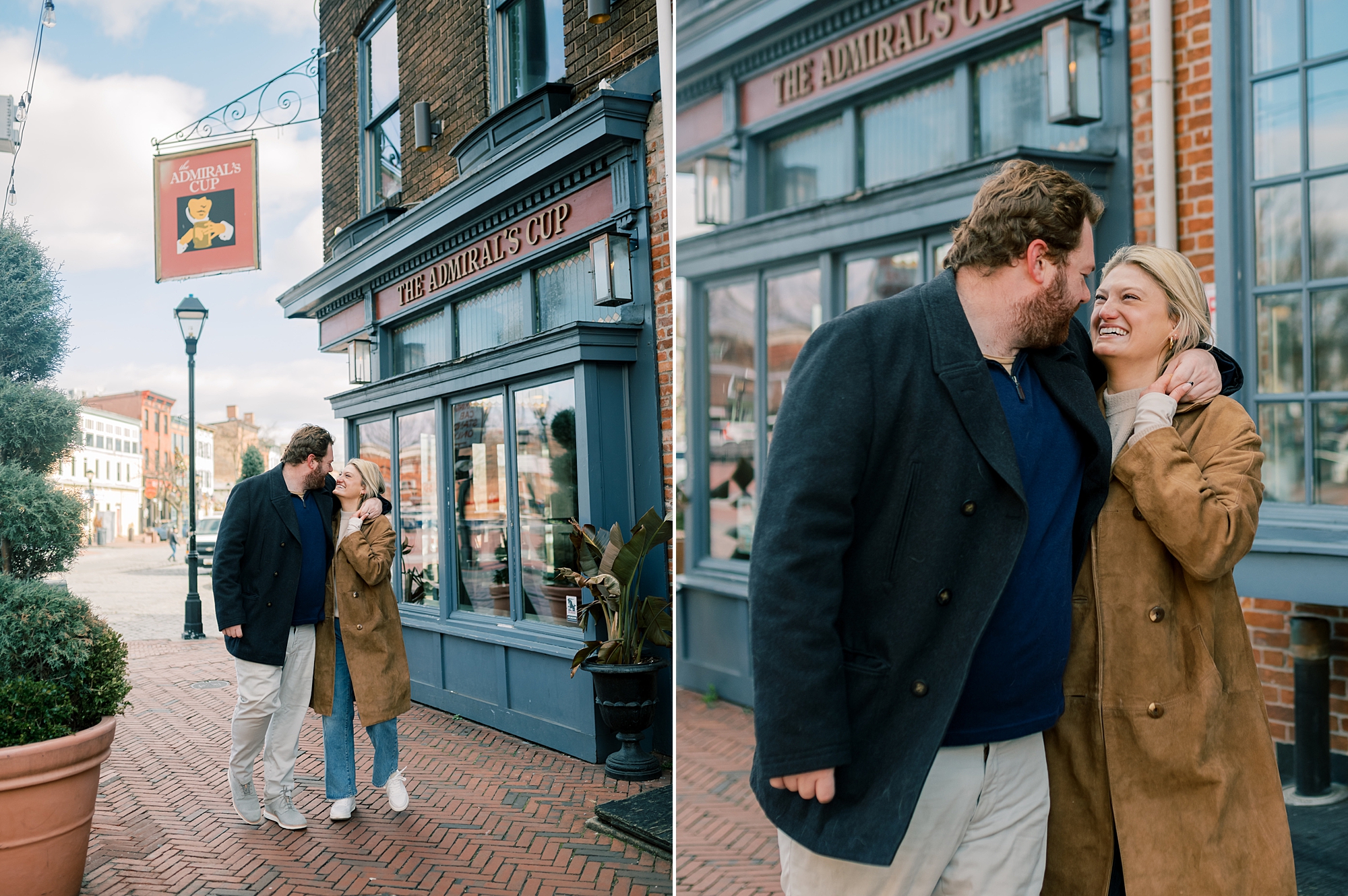 couple hugs by brick and blue storefront in Baltimore MD