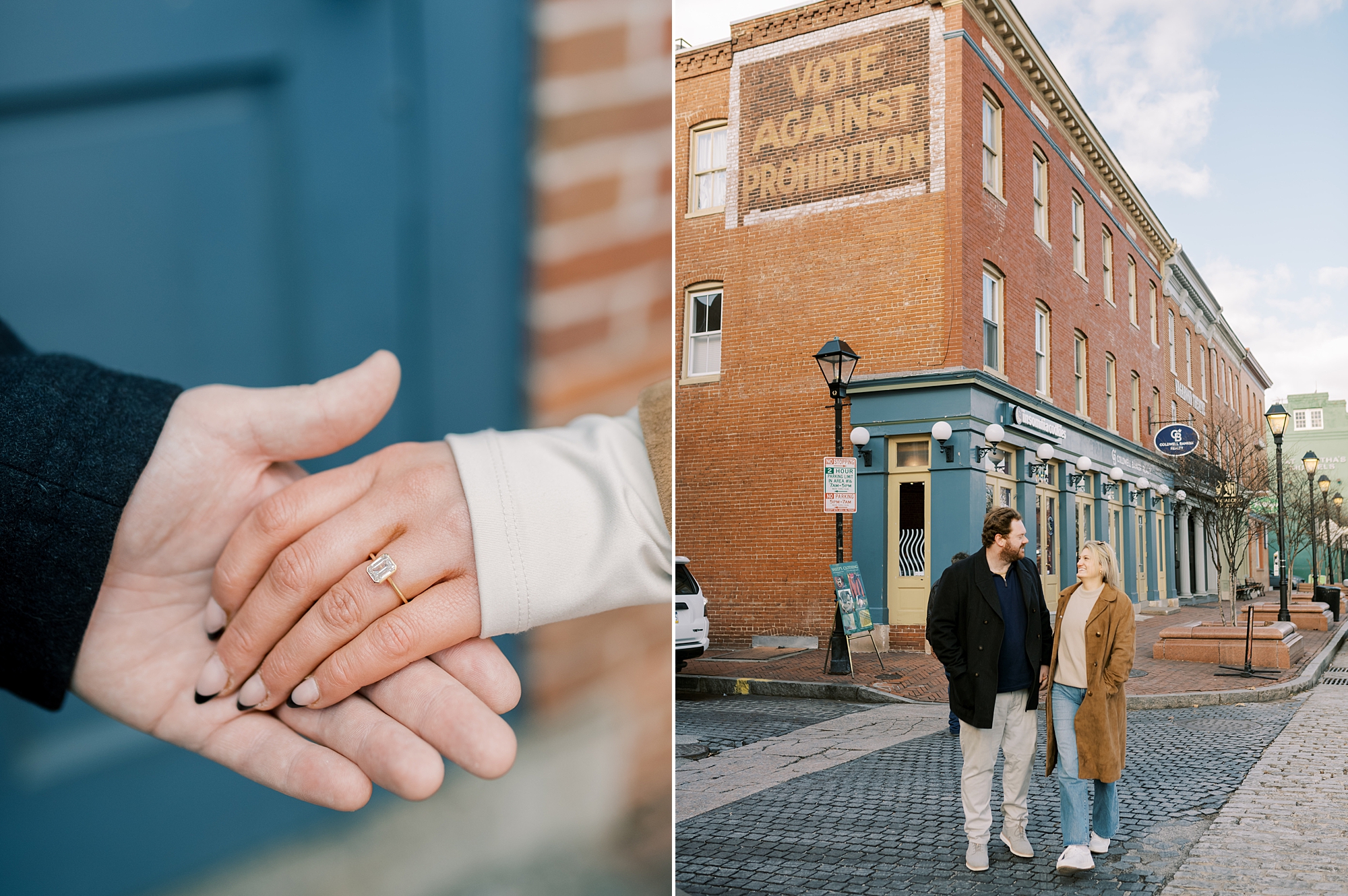 engaged couple holds hands in front of old building in Fells Point MD