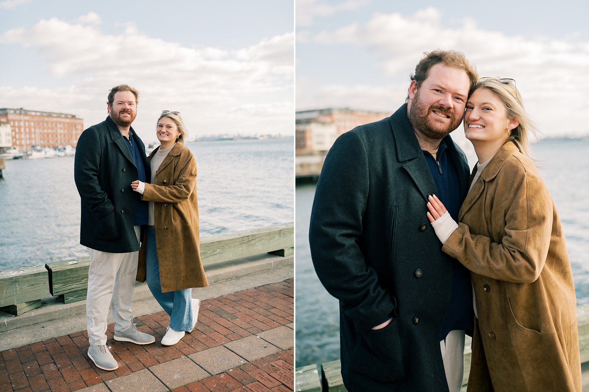 couple stands in front of waterfront in Baltimore MD