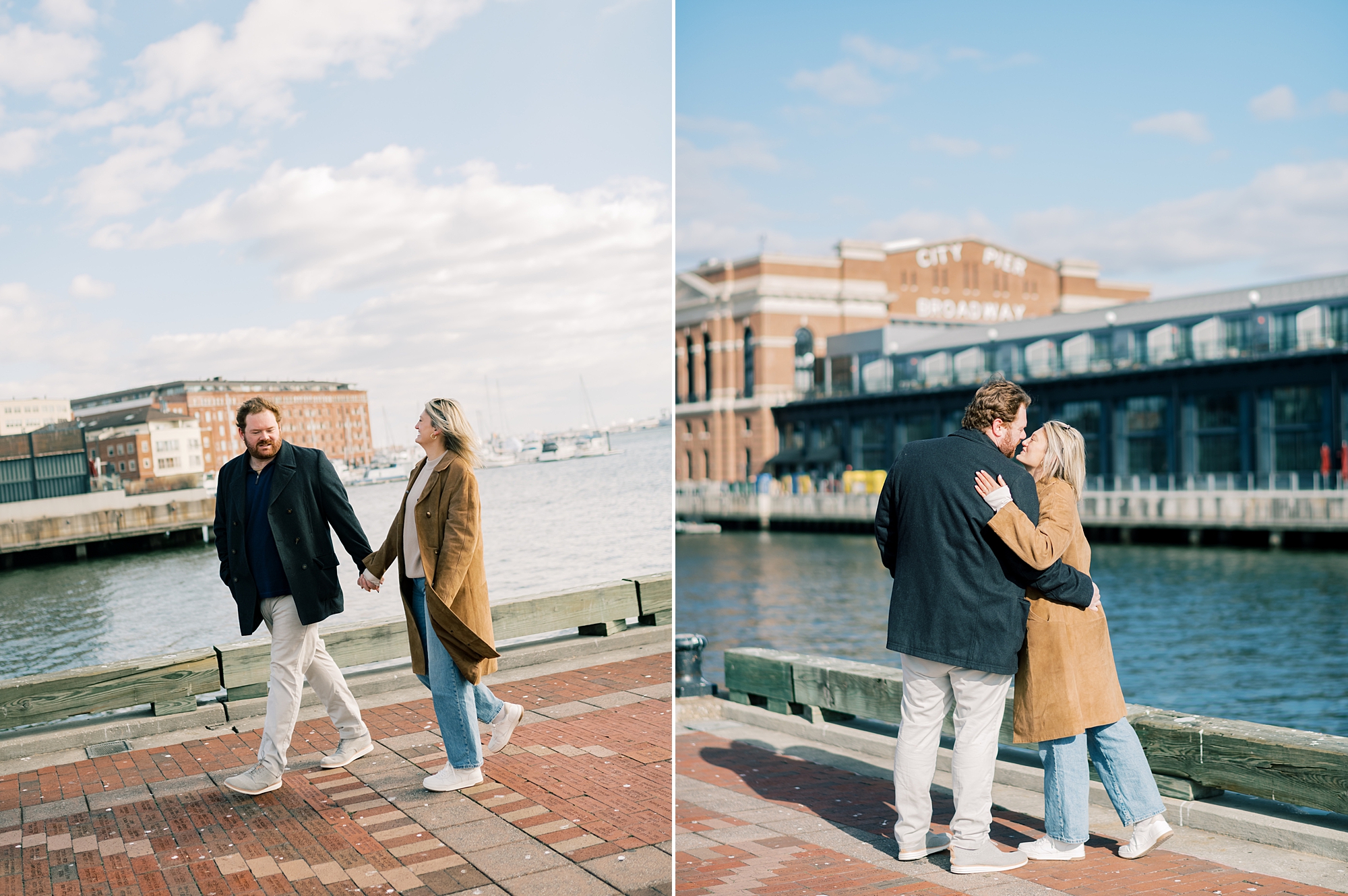 couple walks along waterfront during Baltimore engagement session