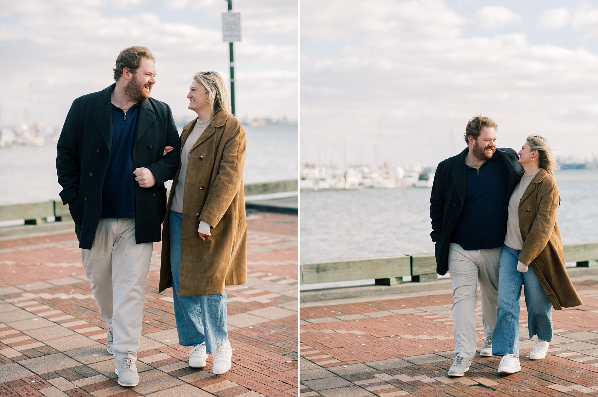 couple hugs in front of Baltimore waterfront during engagement photos 