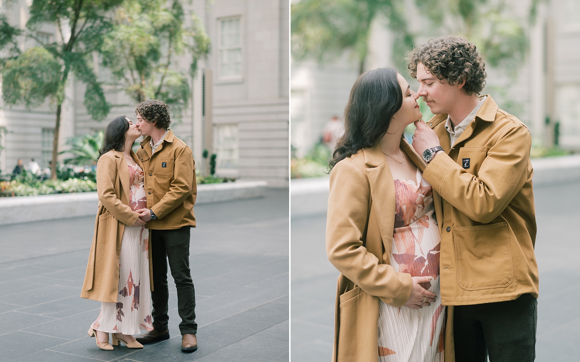 expecting parents kiss outside the National Portrait Gallery during maternity session