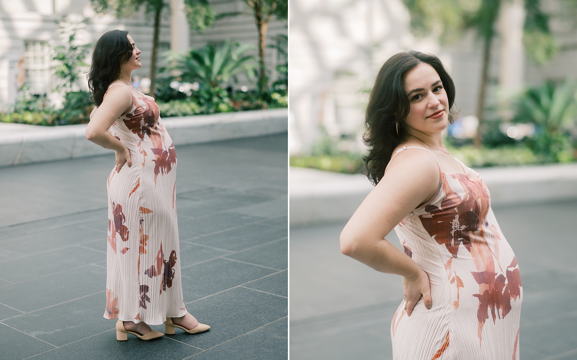mother poses in flower gown outside the National Portrait Gallery holding baby bump
