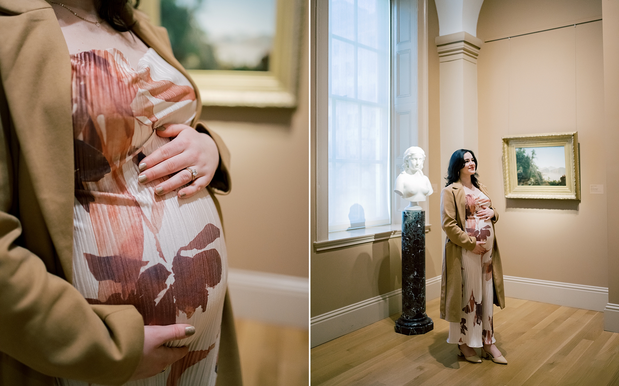 woman stands by museum exhibits during maternity session at the National Portrait Gallery