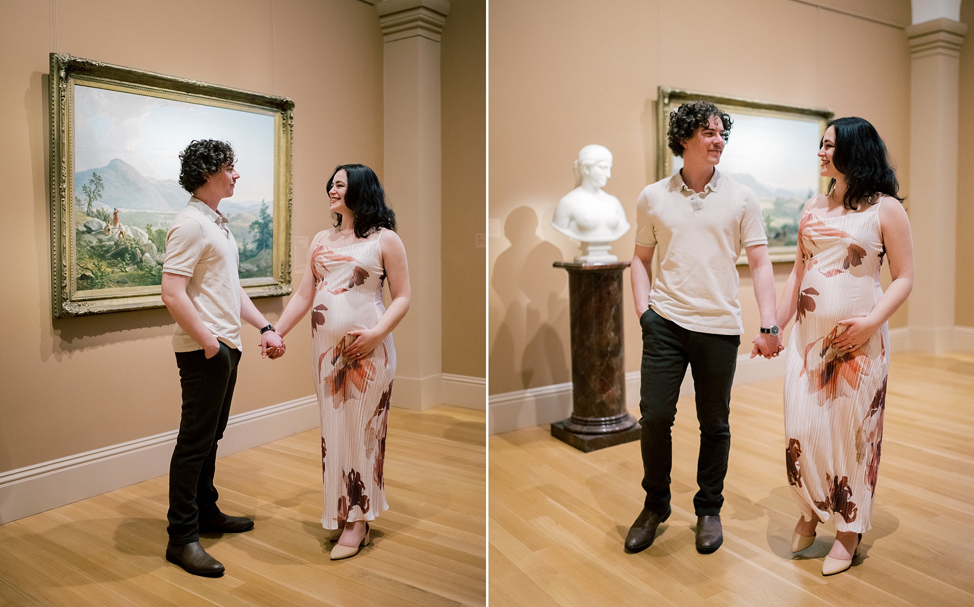 couple stands in gallery during maternity session in Washington DC