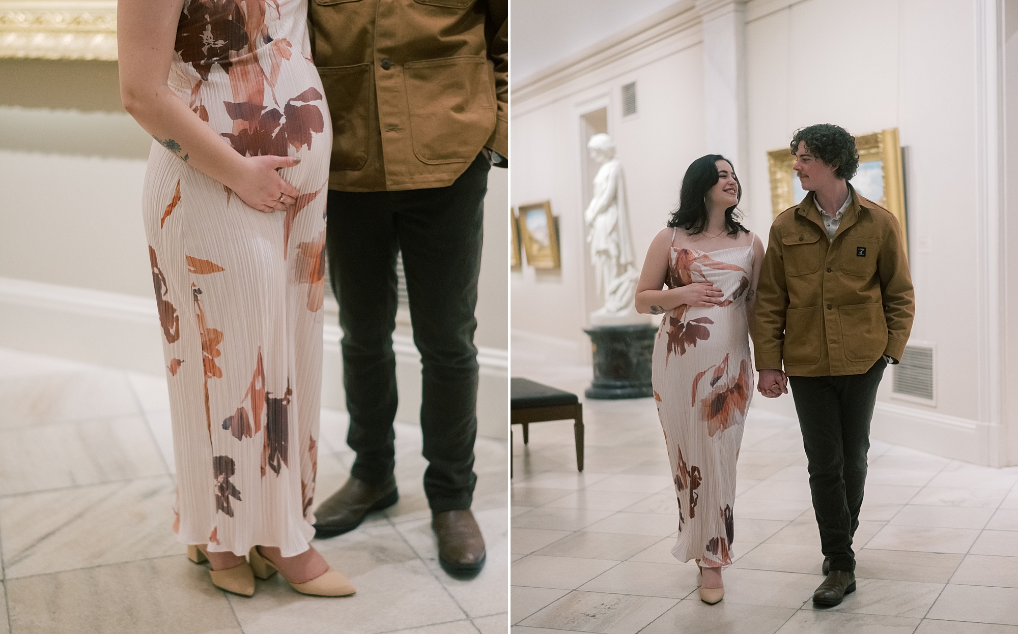 man and woman hold hands walking through gallery at the National Portrait Gallery