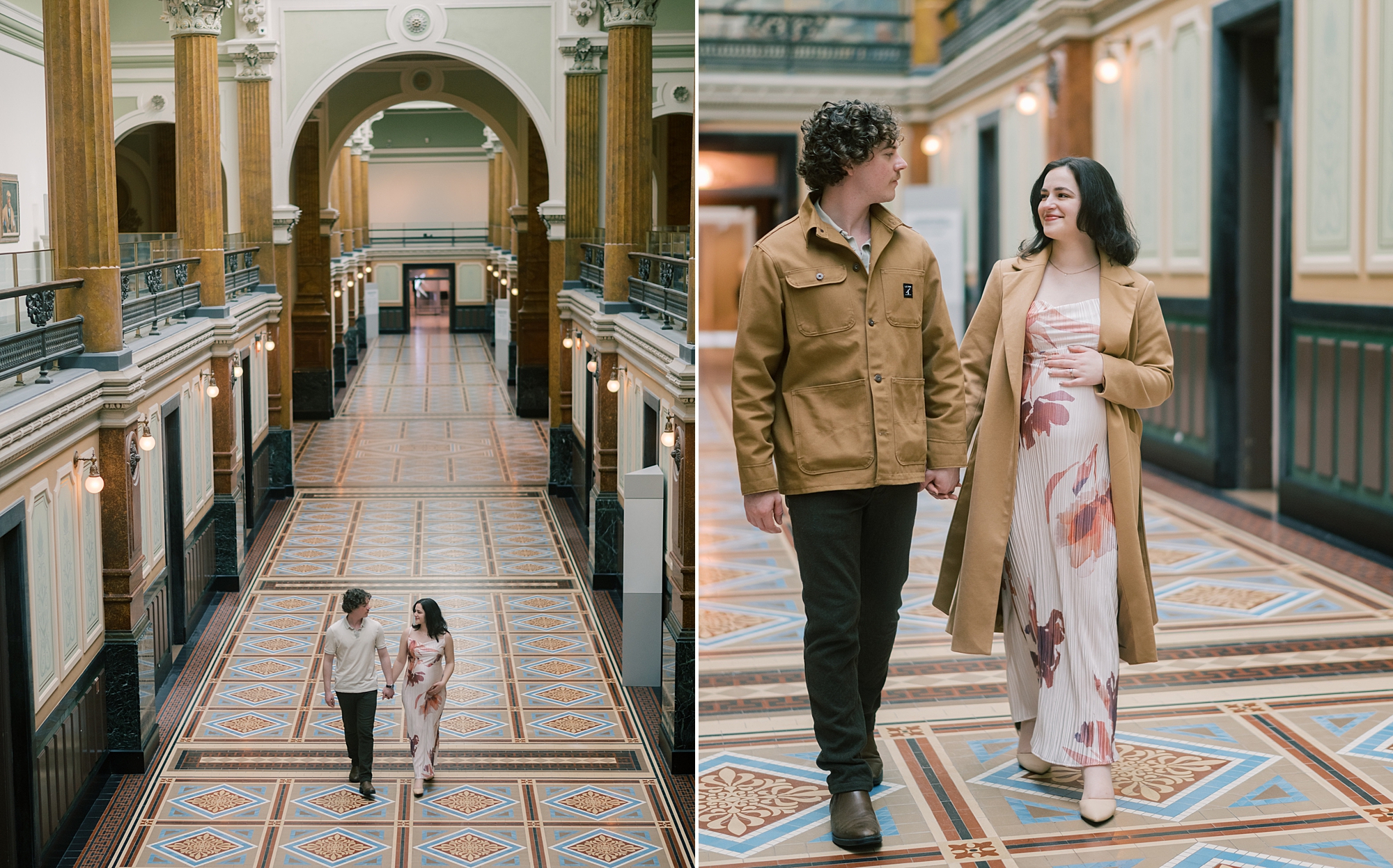 expecting couple walks through hallway of the National Portrait Gallery