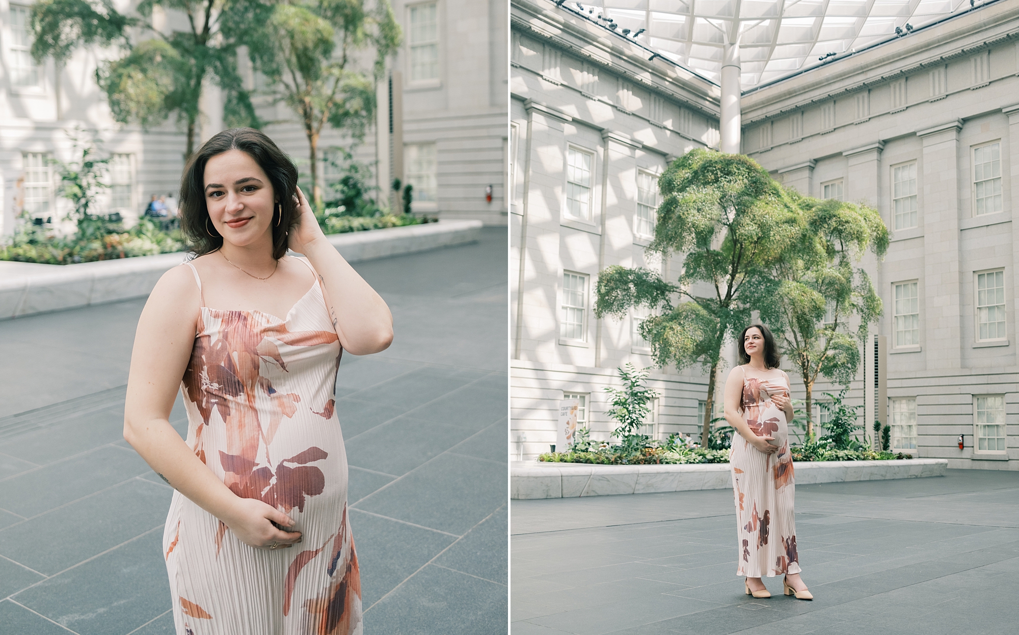 woman walks outside the National Portrait Gallery holding baby bump