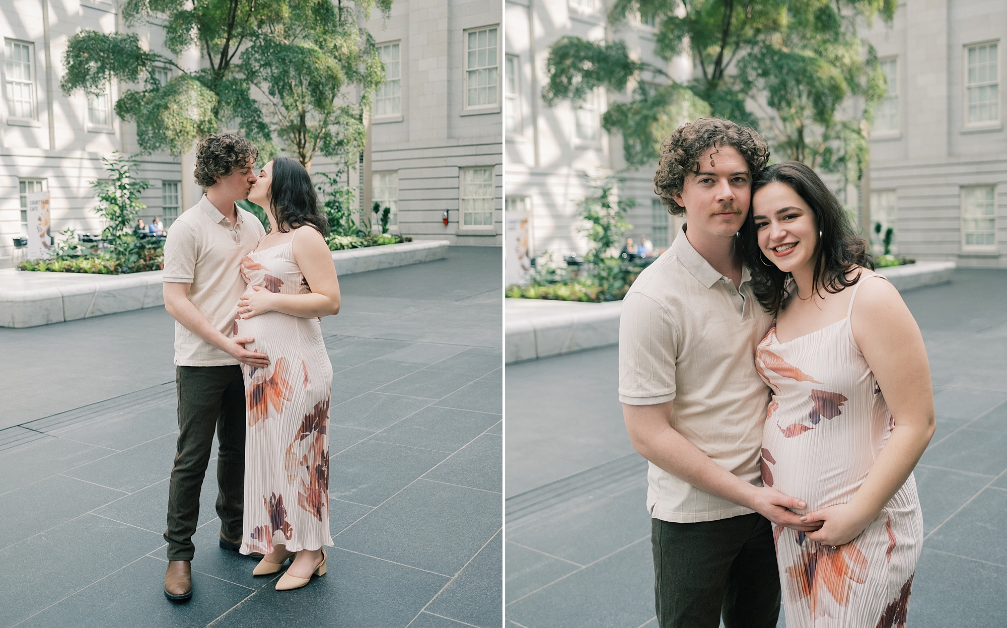 couple stands outside the National Portrait Gallery holding woman's baby bump