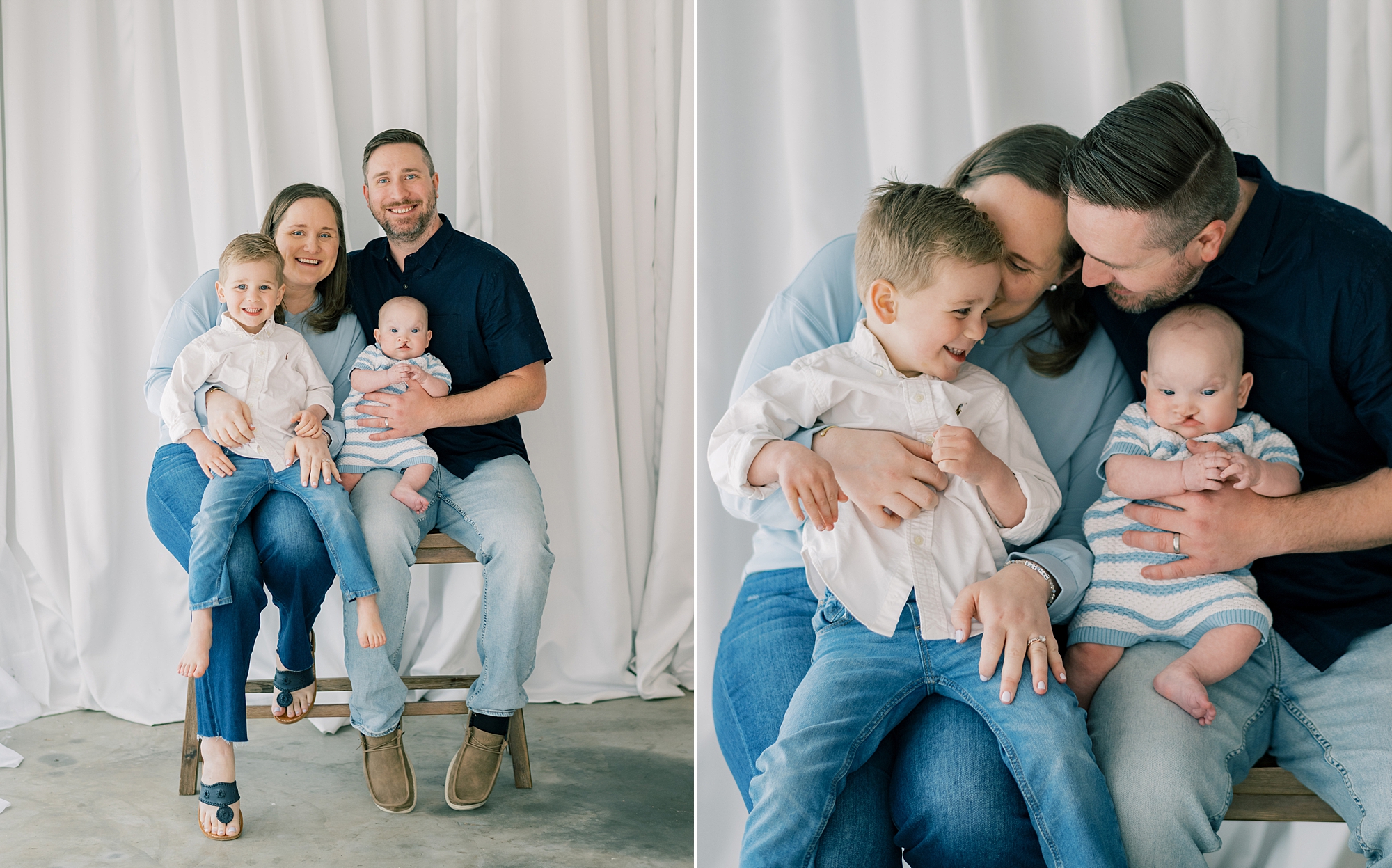 family sits together on stools and snuggles during milestone session in Southern Maryland studio
