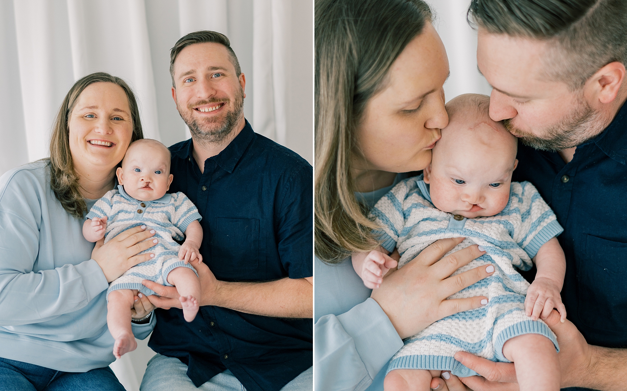 parents lean to kiss baby's head during milestone session in Southern Maryland studio