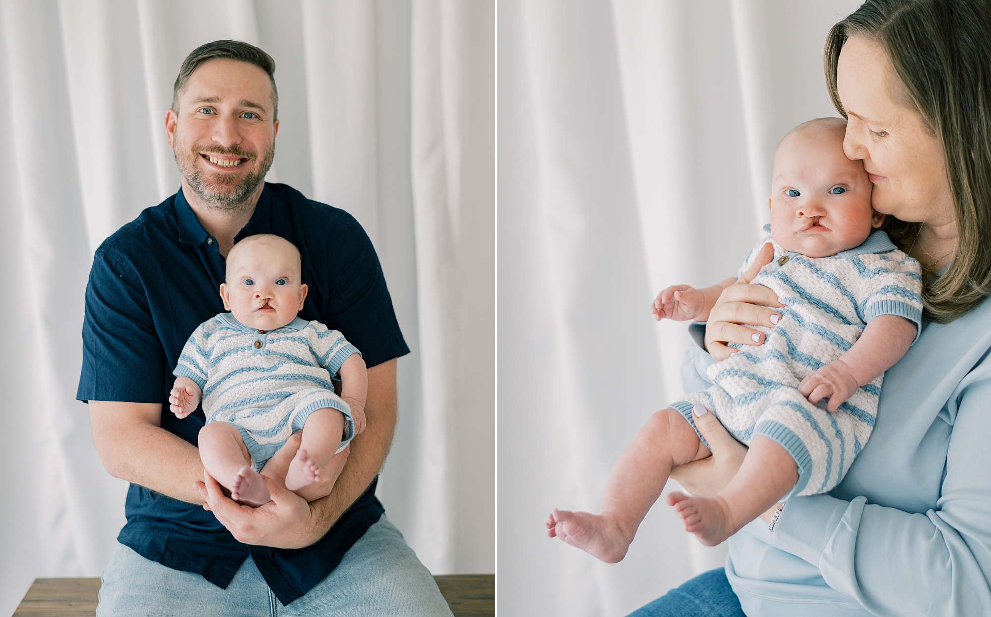 mom and dad hug baby in striped blue and white onesie at Costola Studio