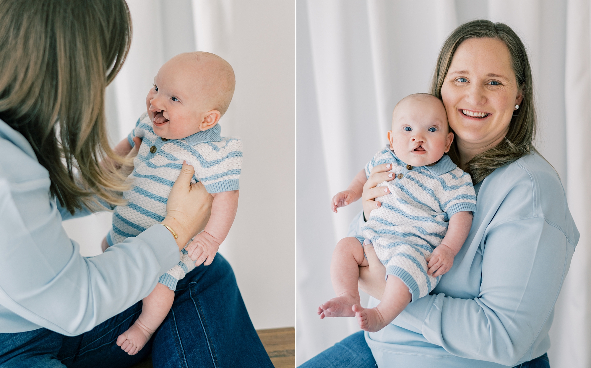 baby with cleft palate smiles at mom during milestone session in Southern Maryland studio