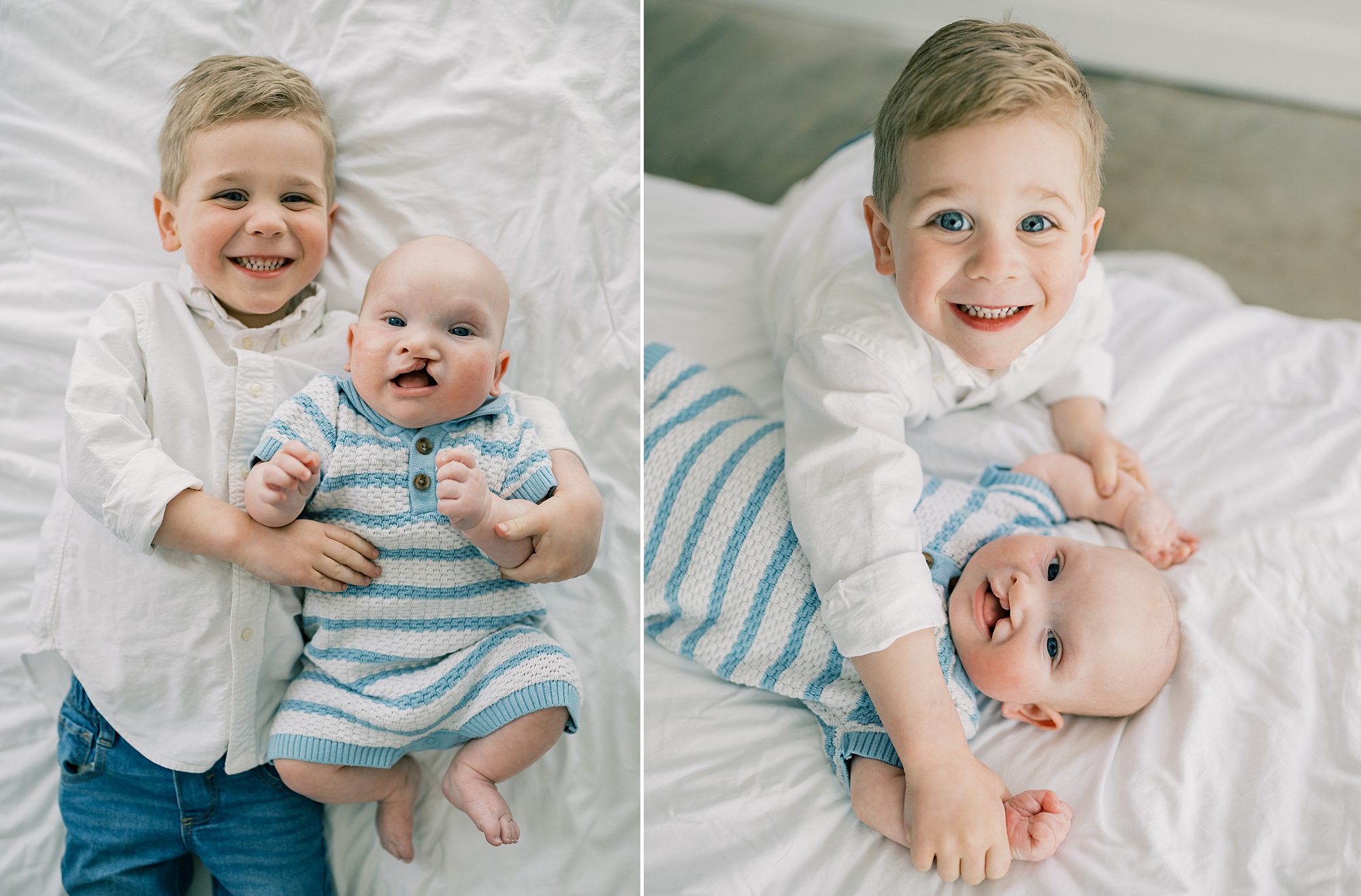 big brother plays with baby on white blanket during milestone session in Southern Maryland studio