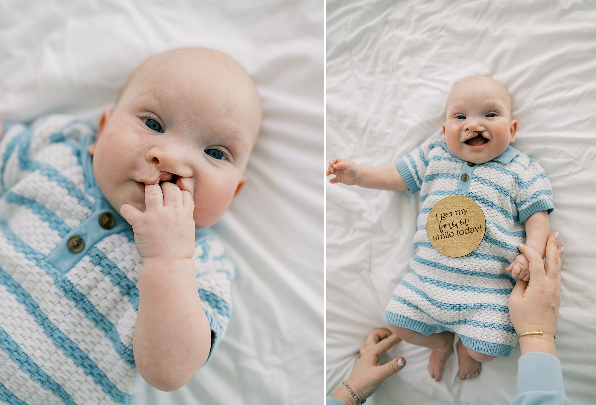 baby chews on fingers and lays on bed in blue and white onesie