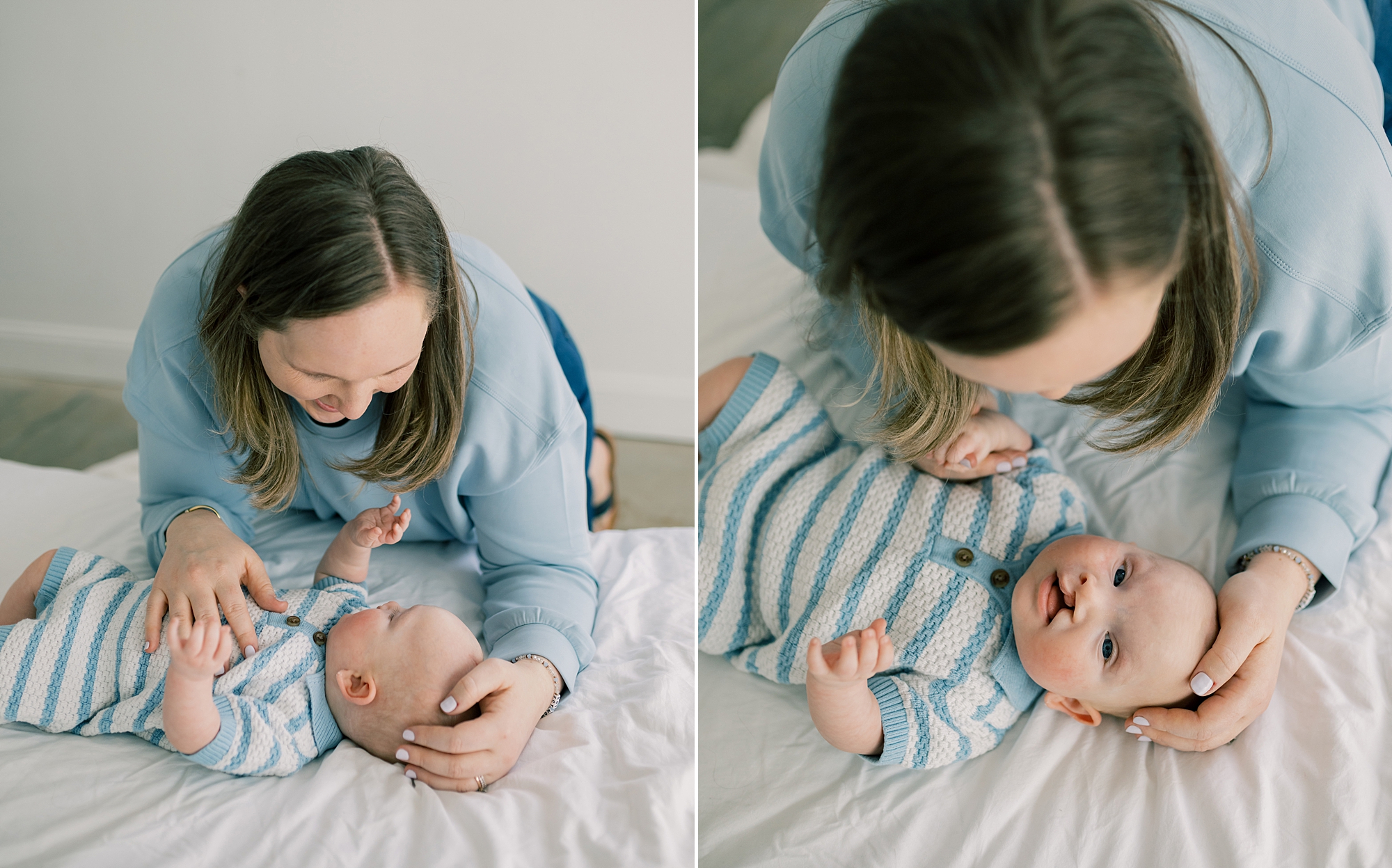 mom in blue shirt leans over baby in blue and white onesie during milestone session in Southern Maryland studio