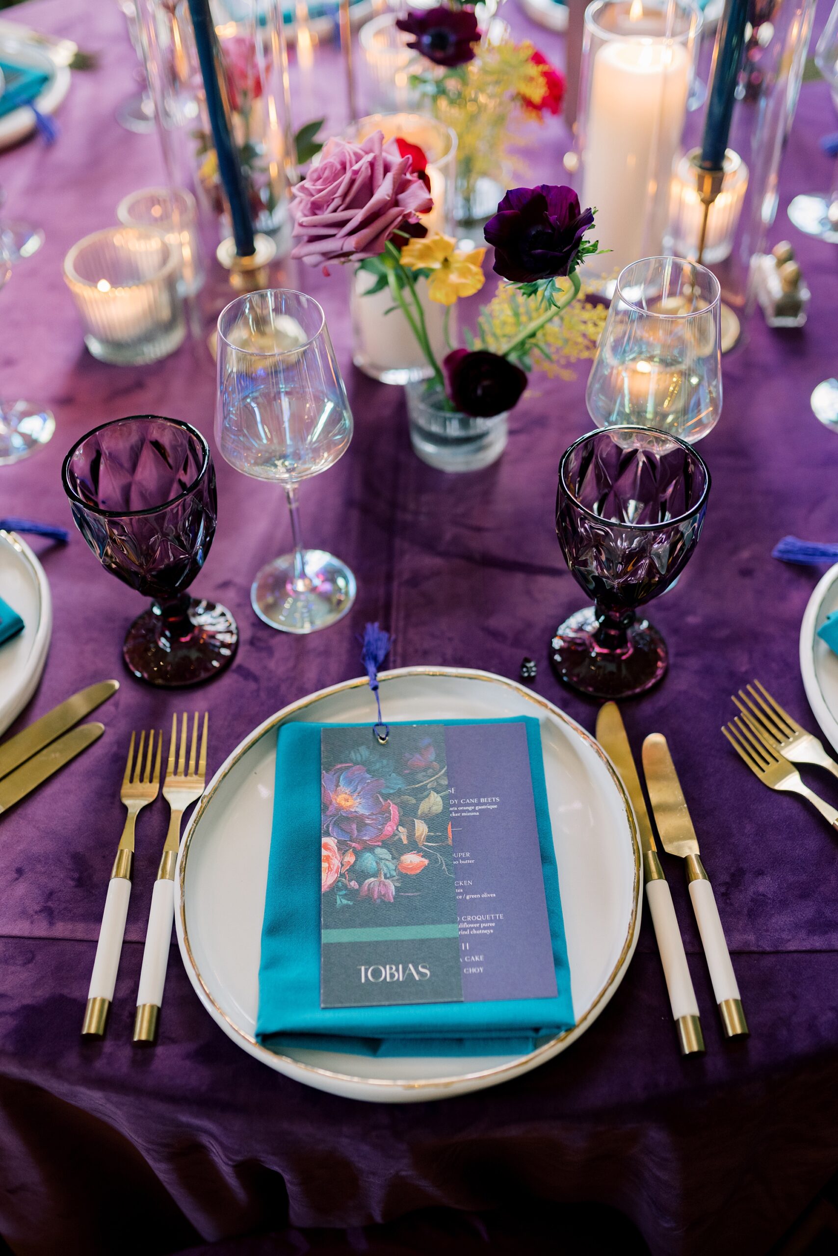 inspiration for wedding reception with bold color palette