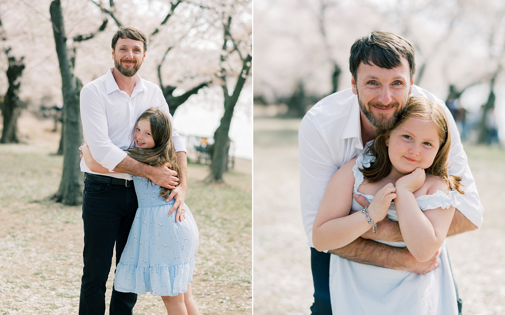 dad hugs daughter in blue dress during family photos in Washington DC