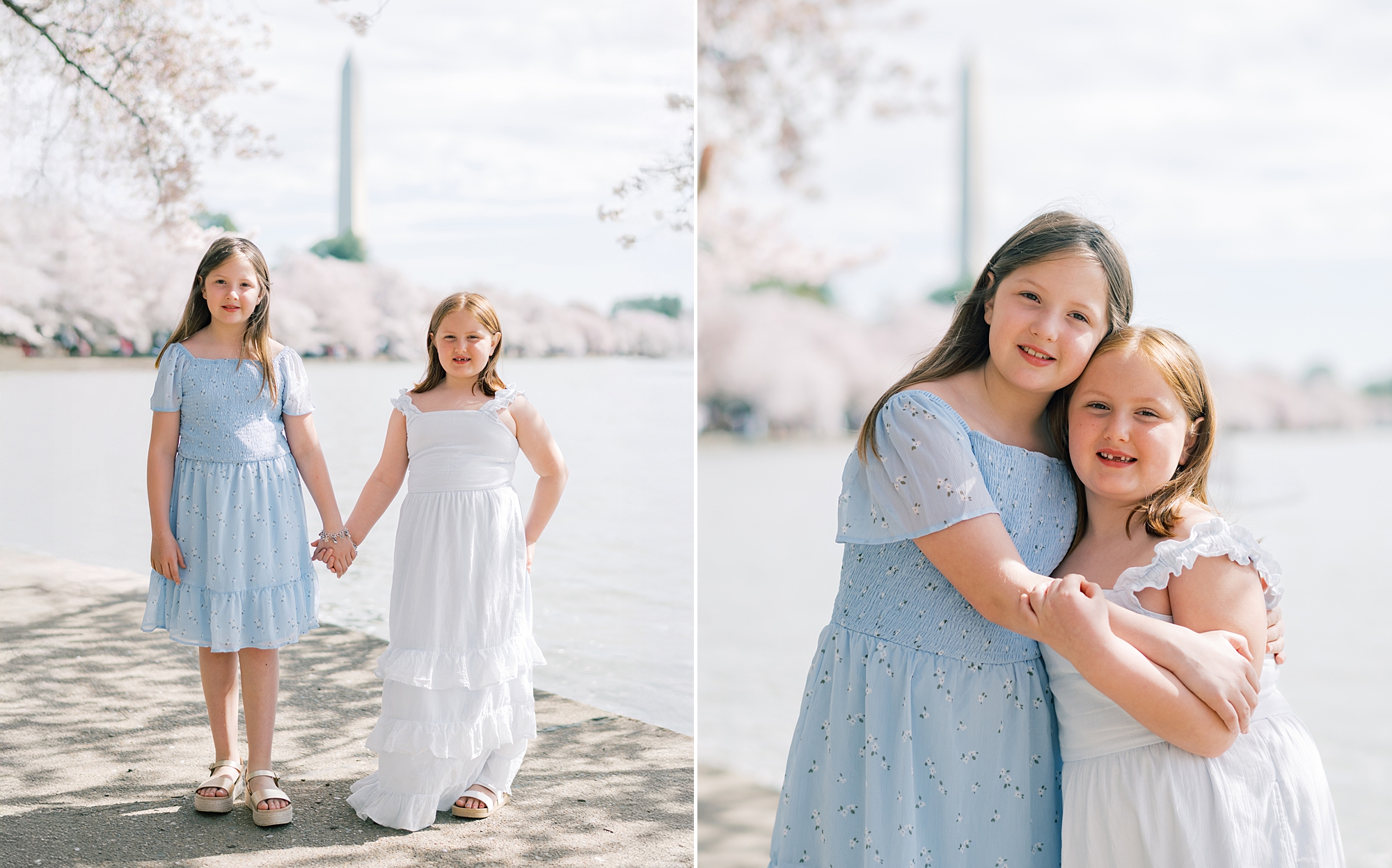sisters hug in front of Potomac River during cherry blossom family portraits in Washington DC