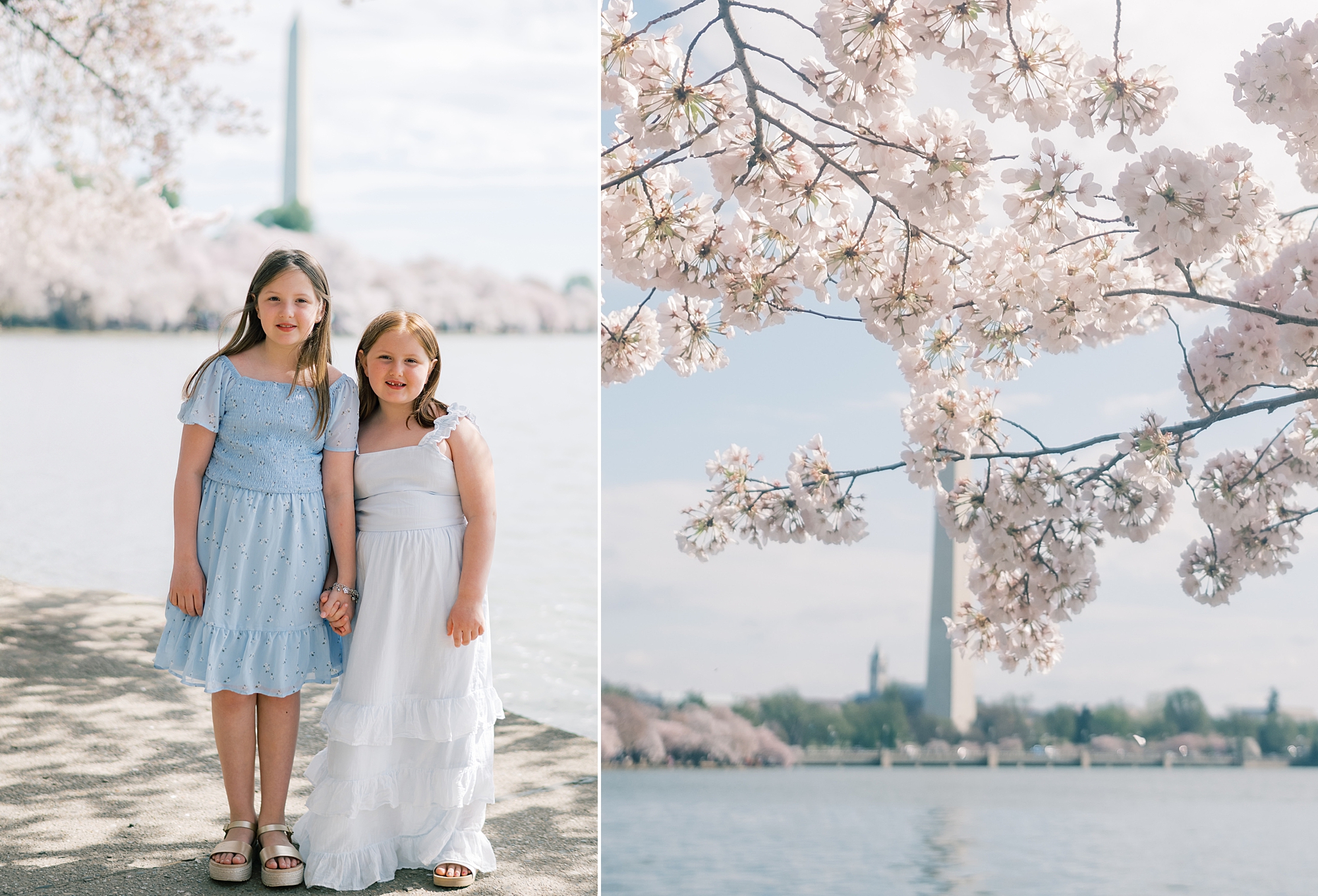 girls in blue and white dresses pose by Potomac River in Washington DC