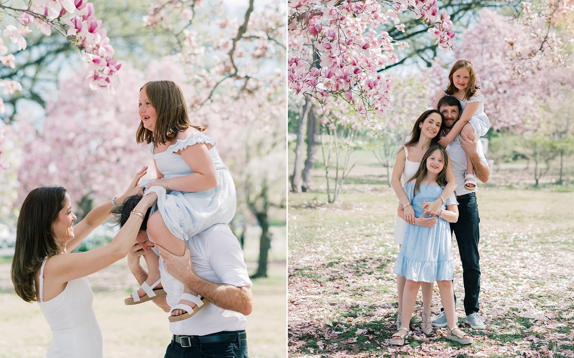 dad plays with daughters in blue and white dresses
