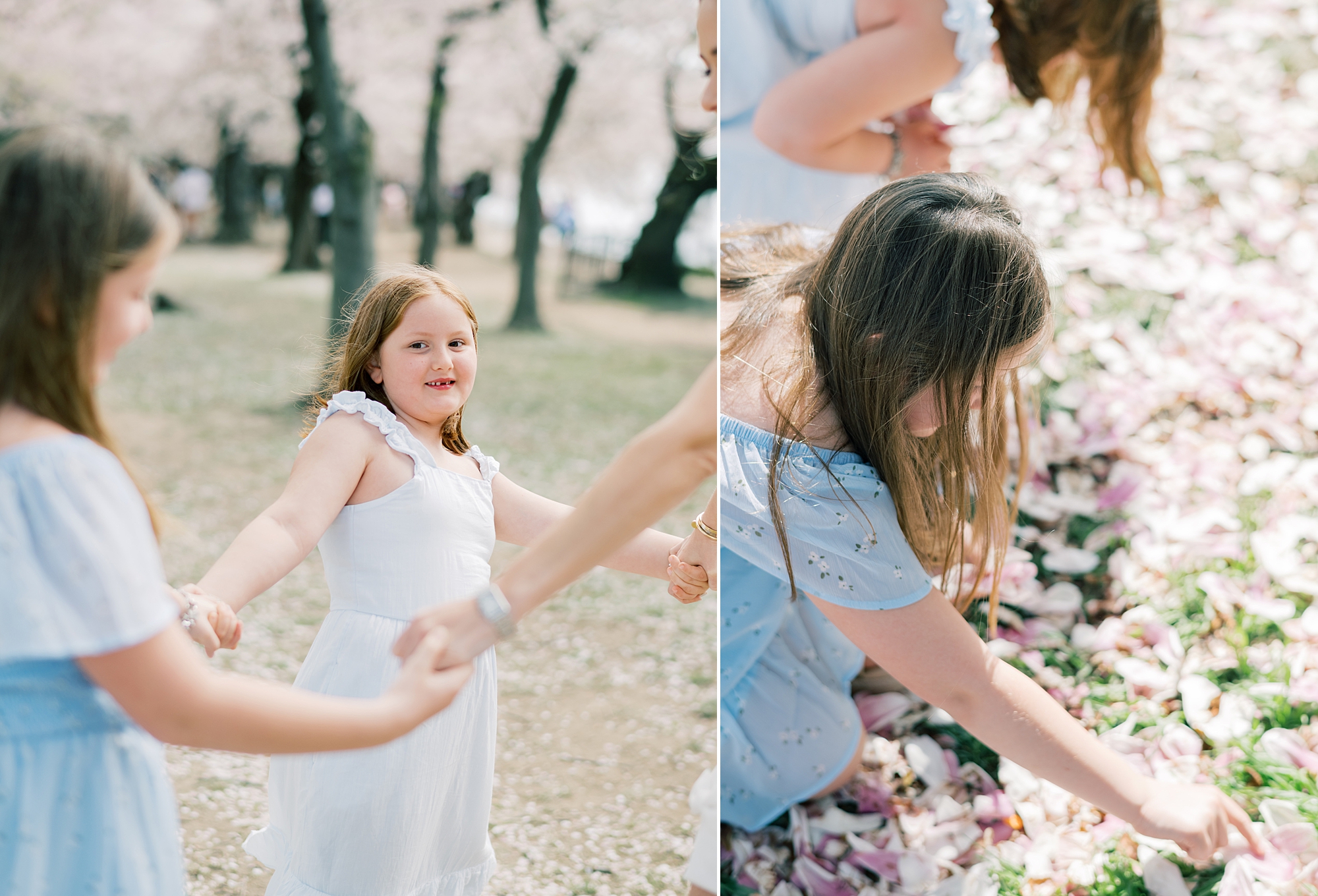 girls play on grass during spring photos in Washington DC