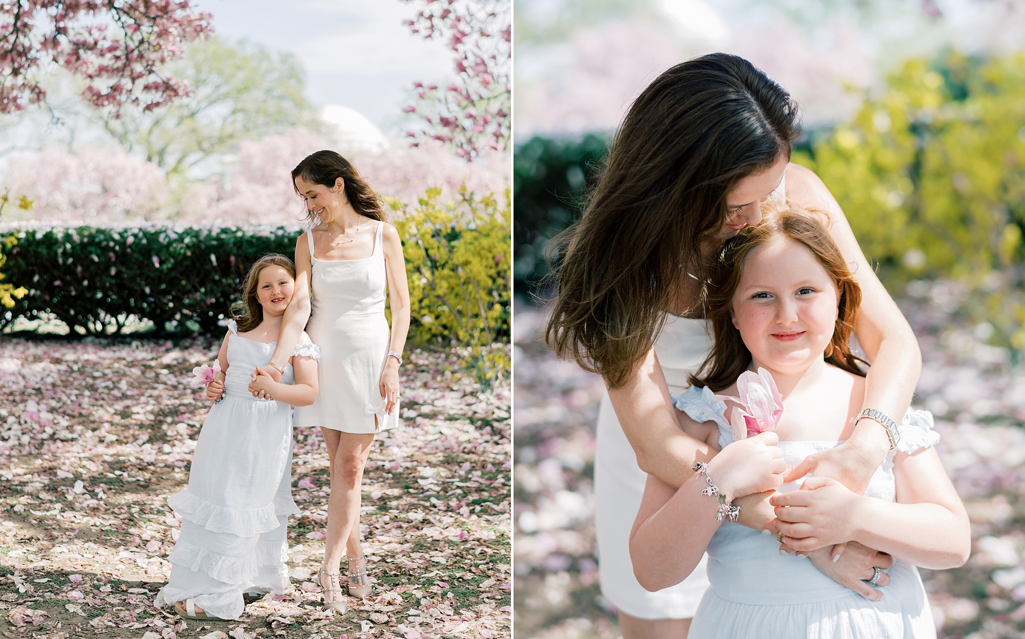 woman walks and hugs daughter during cherry blossom family portraits in Washington DC