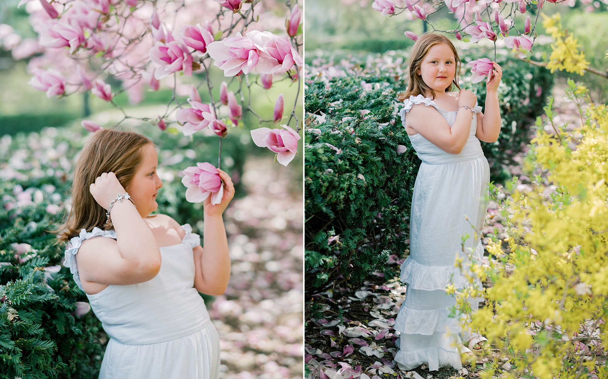 girls play in magnolia trees during DC family photos