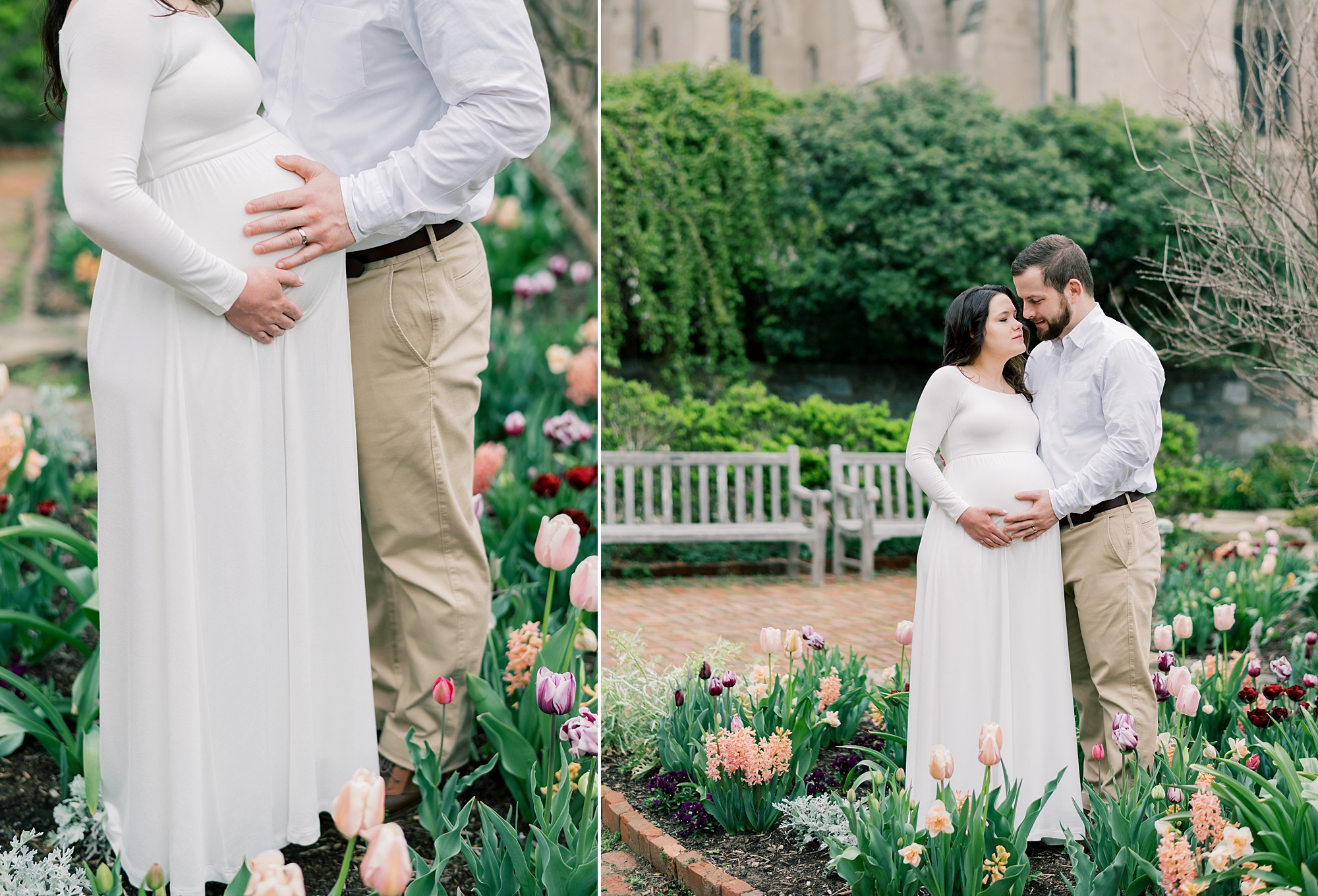 man holds woman's baby bump during spring maternity session at the Washington National Cathedral
