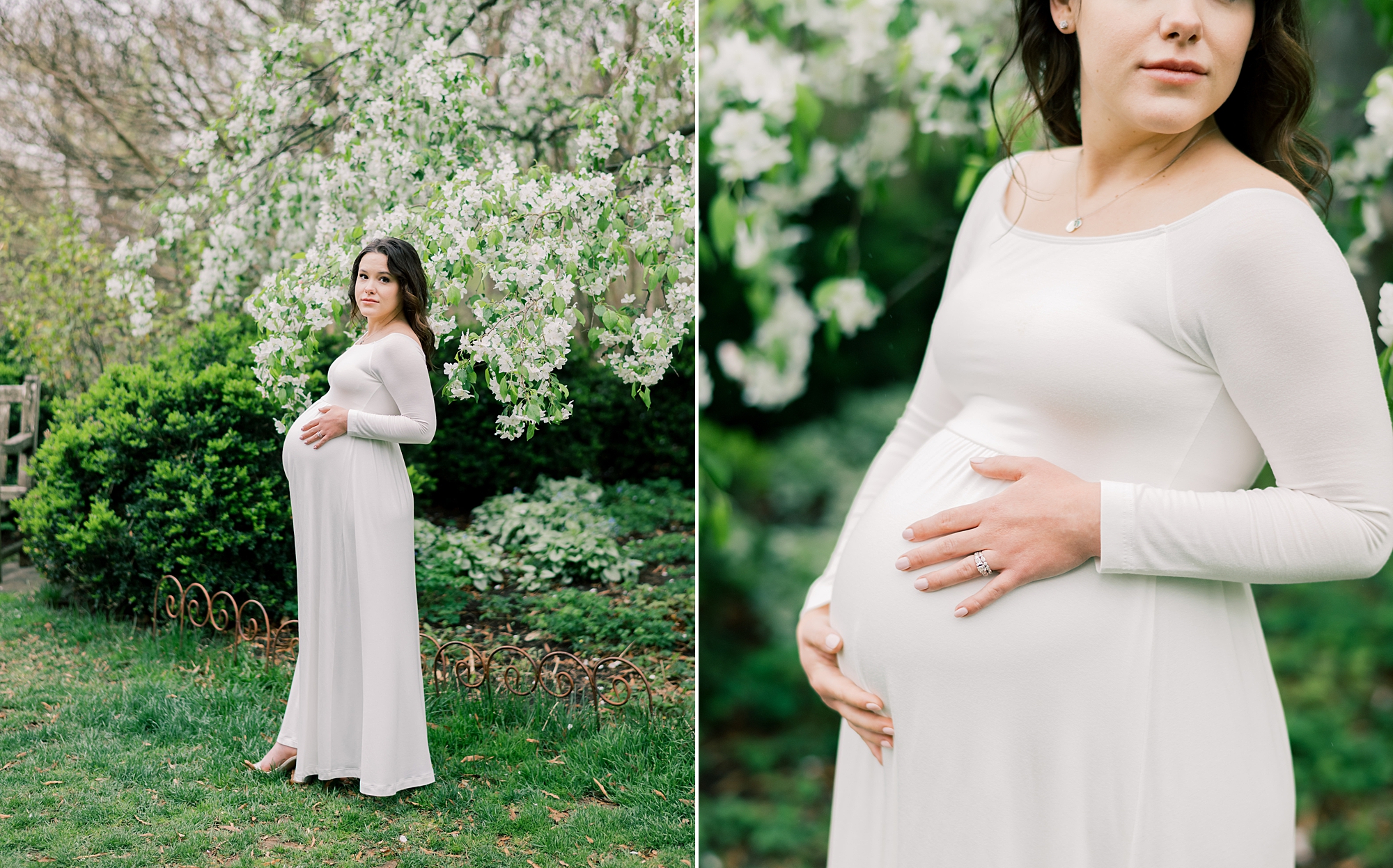 woman holds baby bump during maternity portraits at the Washington National Cathedral