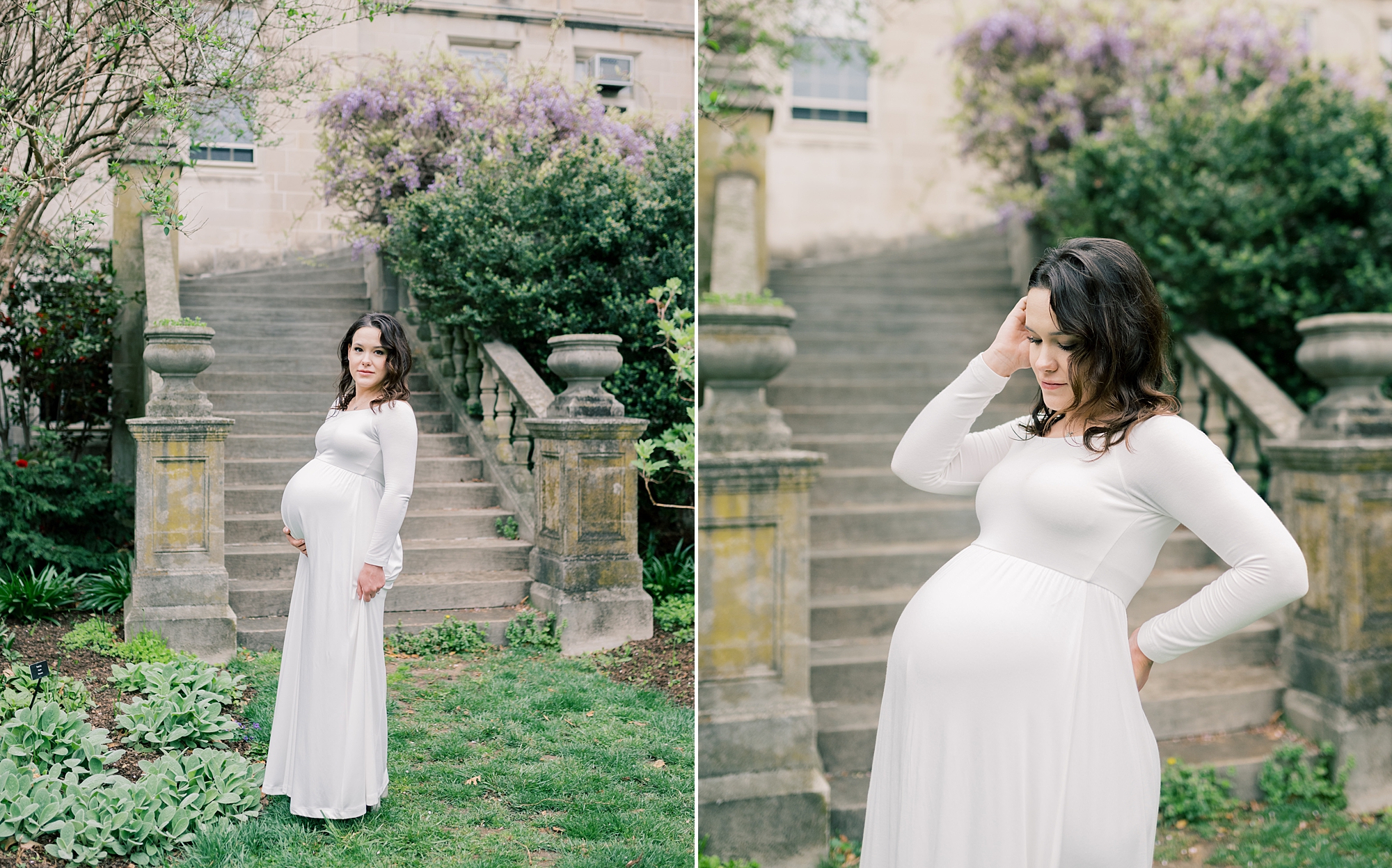 woman in white gown holds back and shows off baby bump during maternity session at the Washington National Cathedral