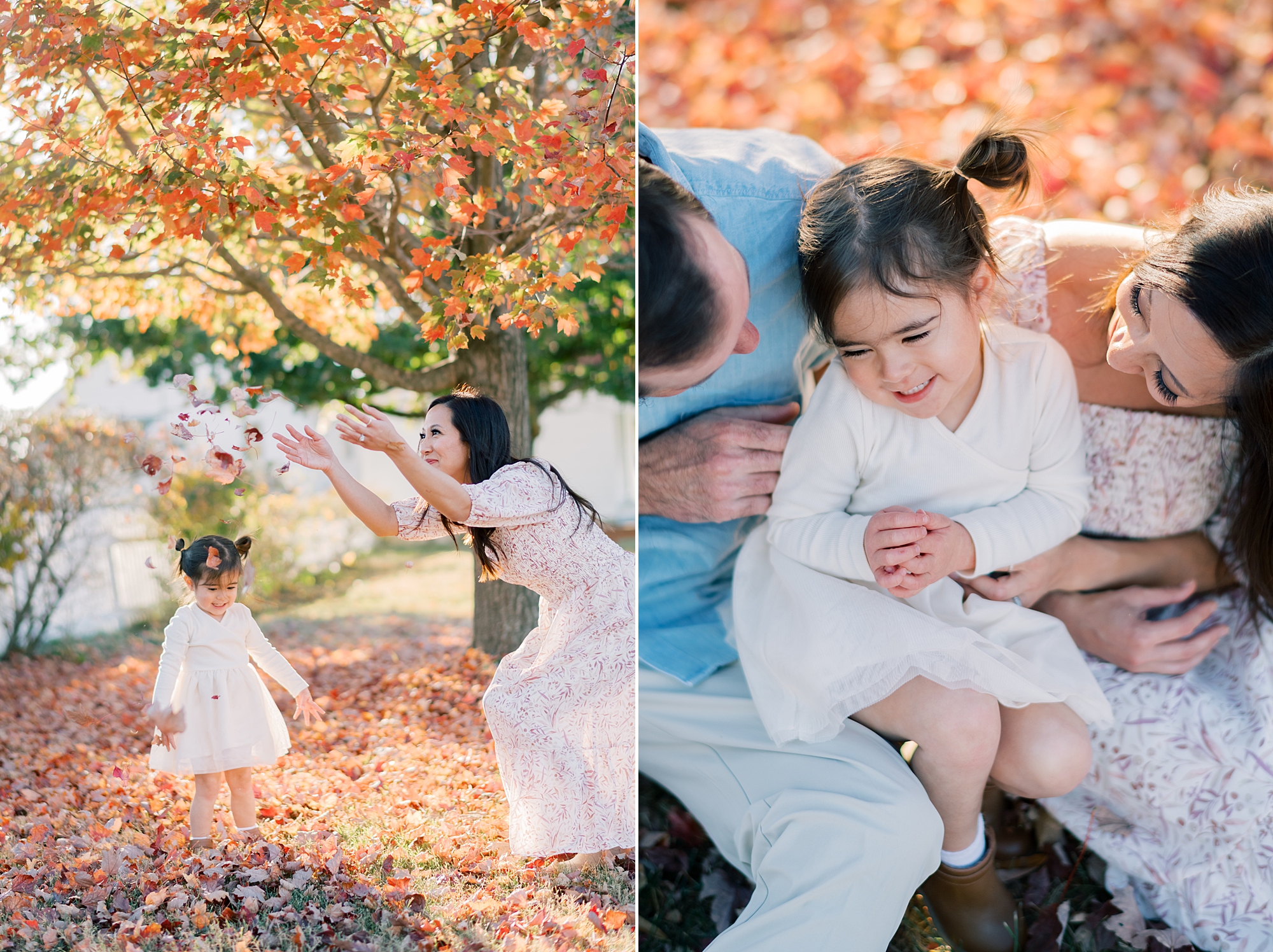 parents play with daughter during family photos in the fall