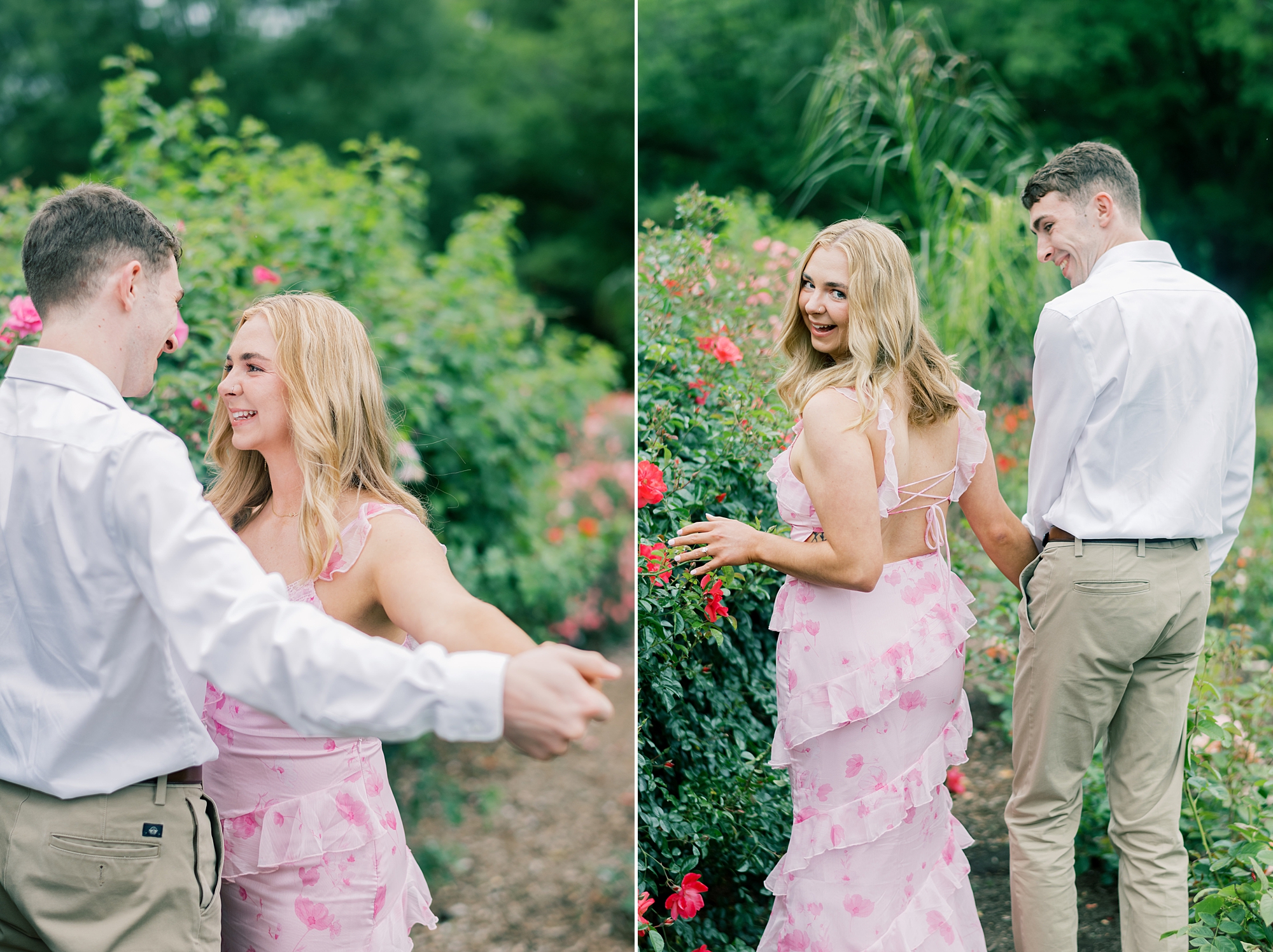 couple plays in gardens during Arlington VA engagement photos
