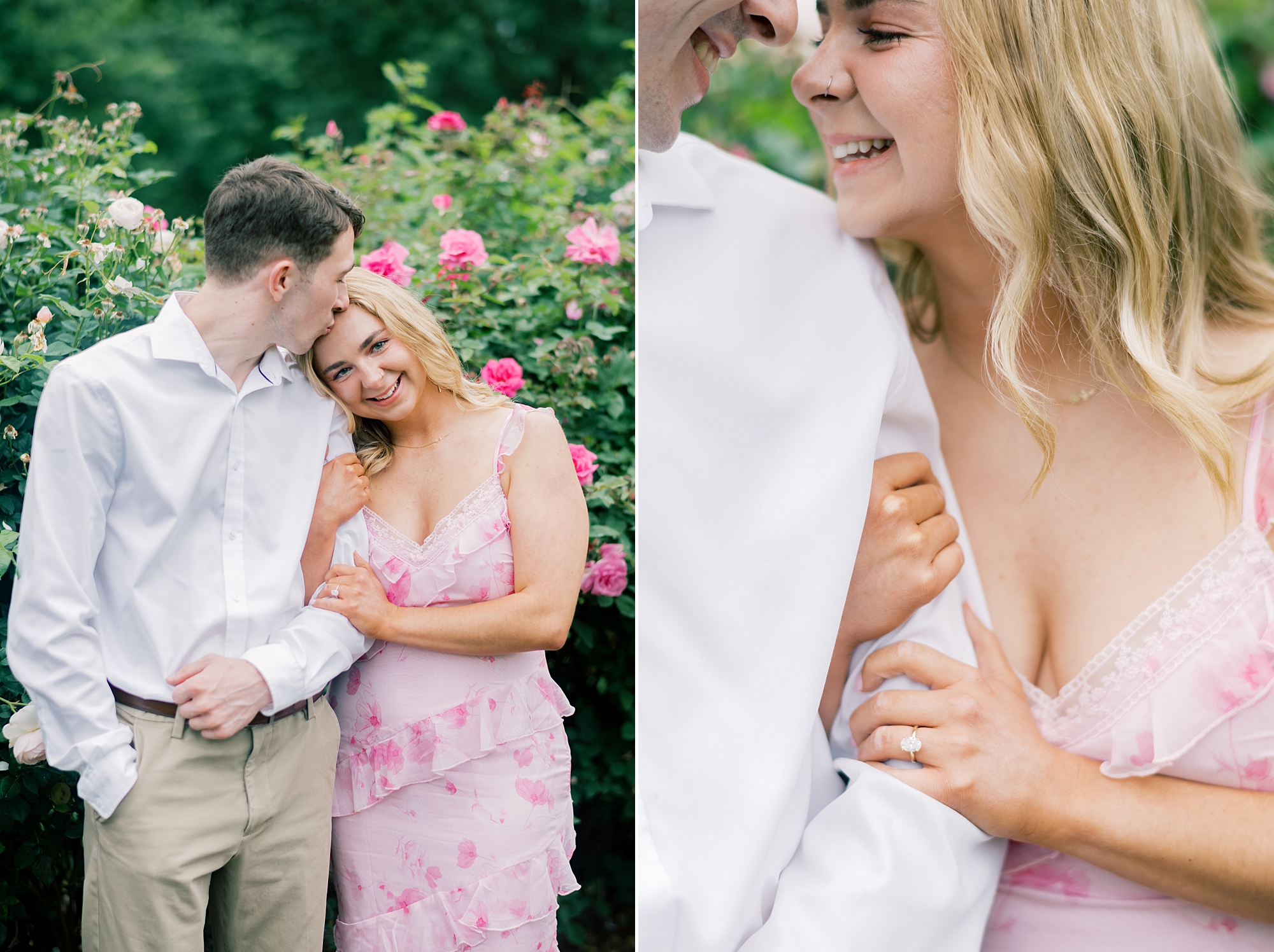 blonde woman leans head on man's shoulder during flower-forward engagement session at Bon Air Rose Garden