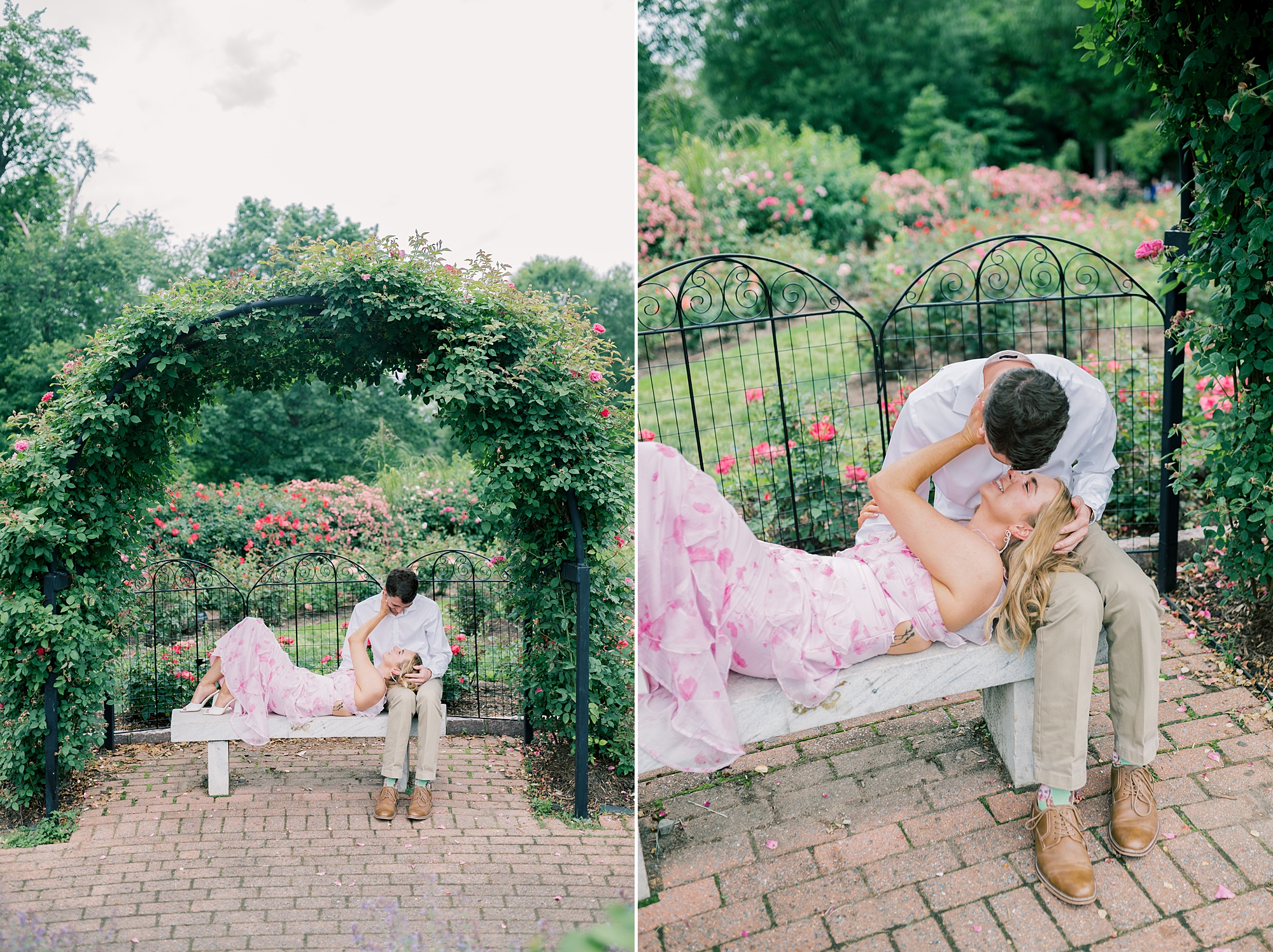 couple sits on bench kissing during garden engagement session in Arlington VA
