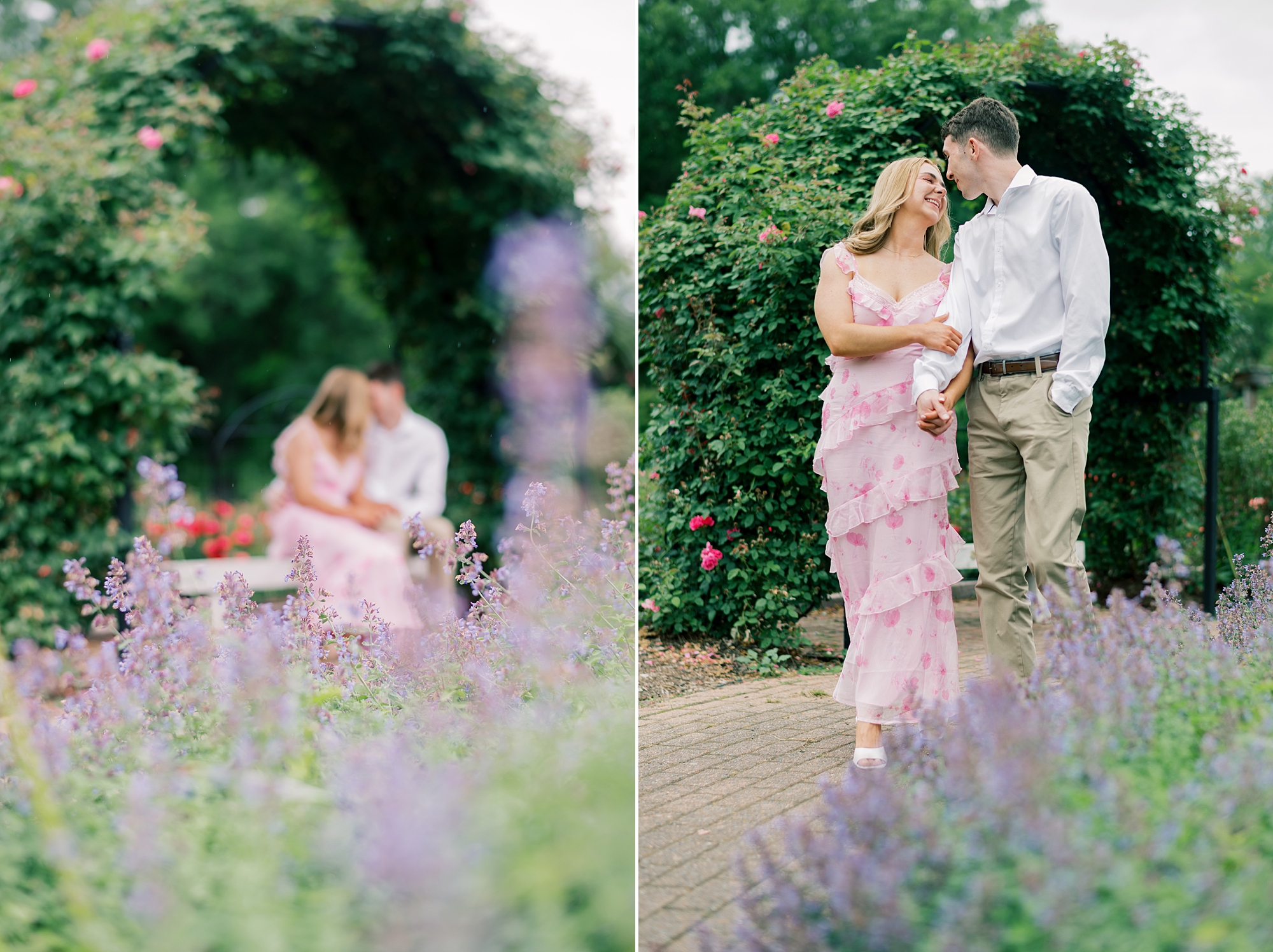 couple sits on bench with purple lavender in foreground during garden engagement session in Arlington VA