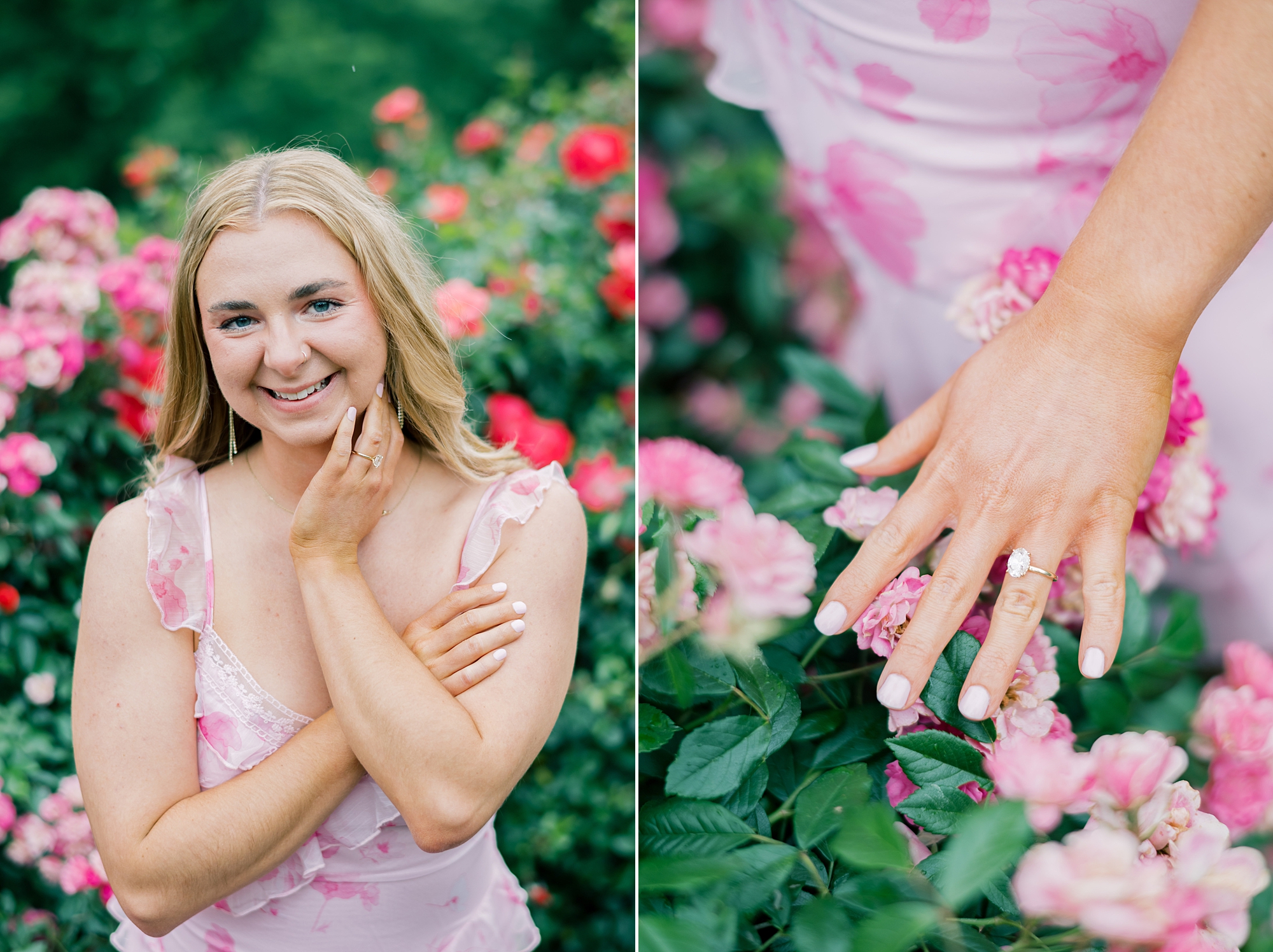 woman in pink dress holds out hand showing off engagement ring