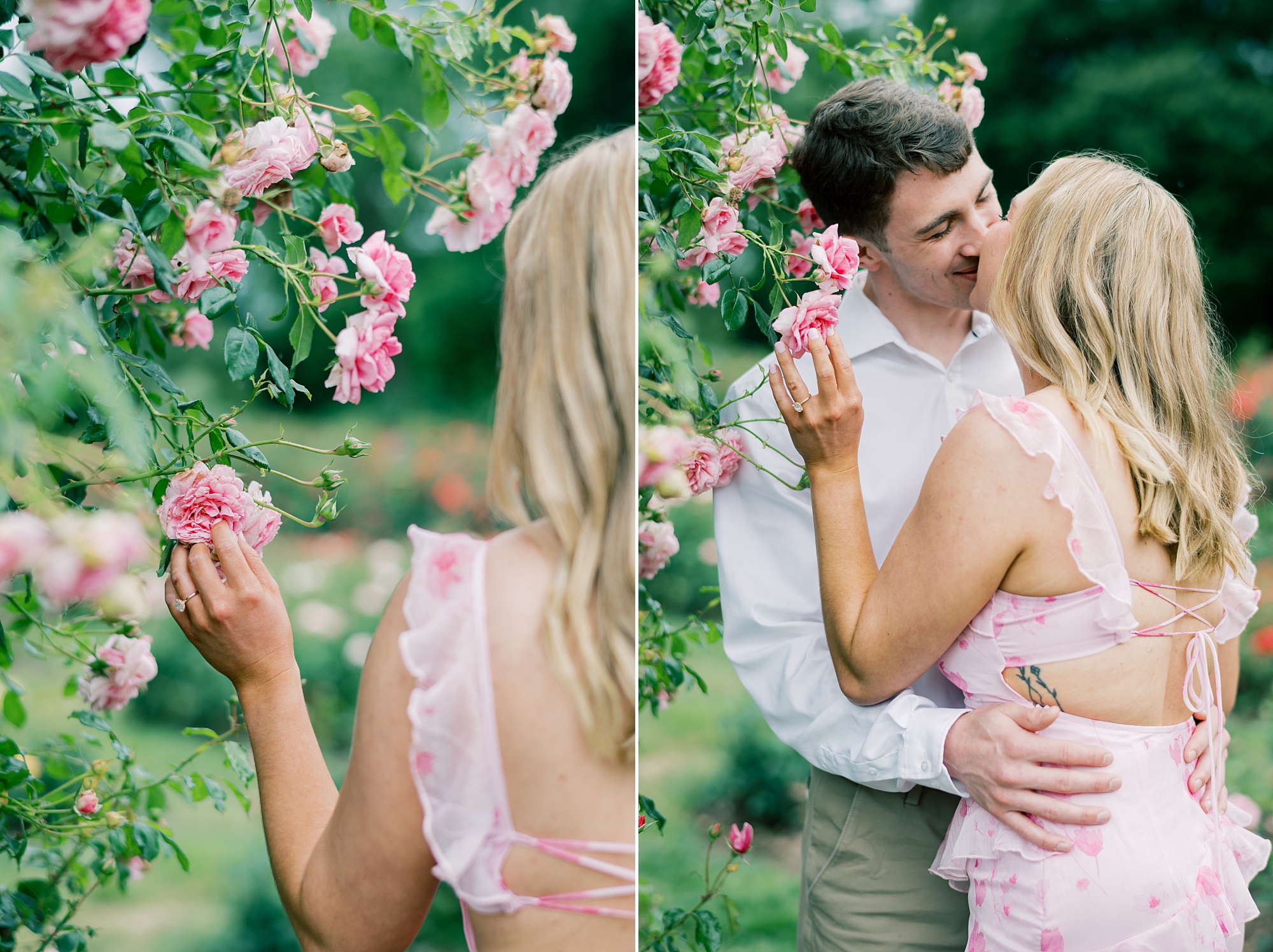 engaged couple stands together between flowers during garden engagement session in Arlington VA