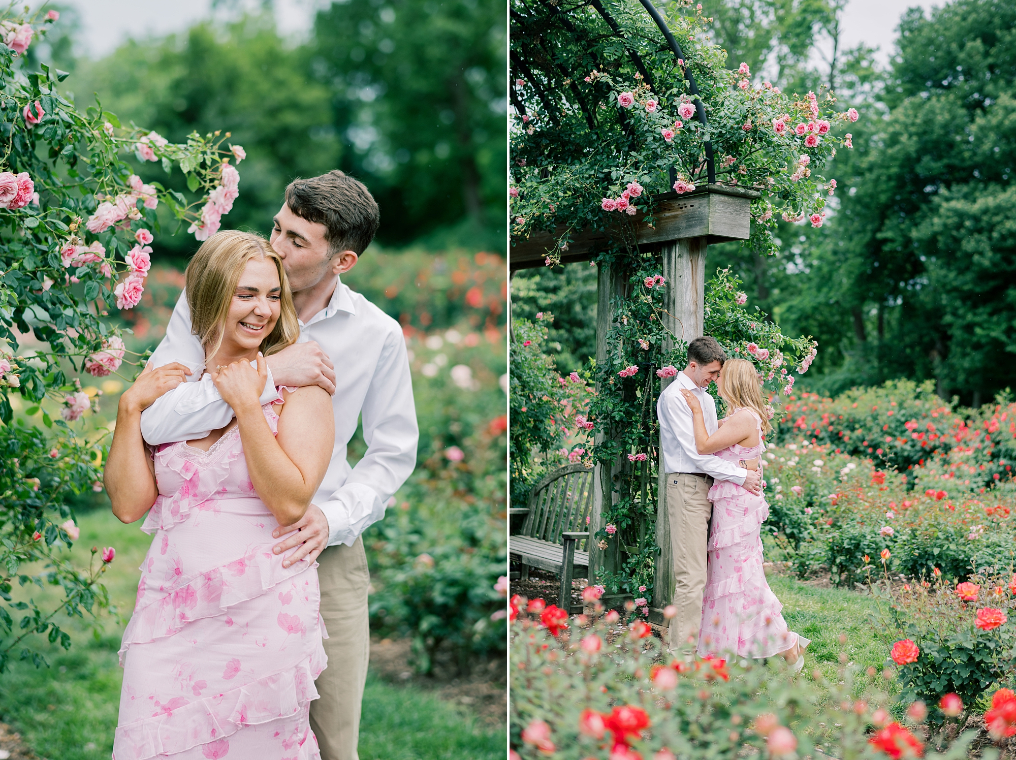 man hugs woman from behind during garden engagement session in Arlington VA